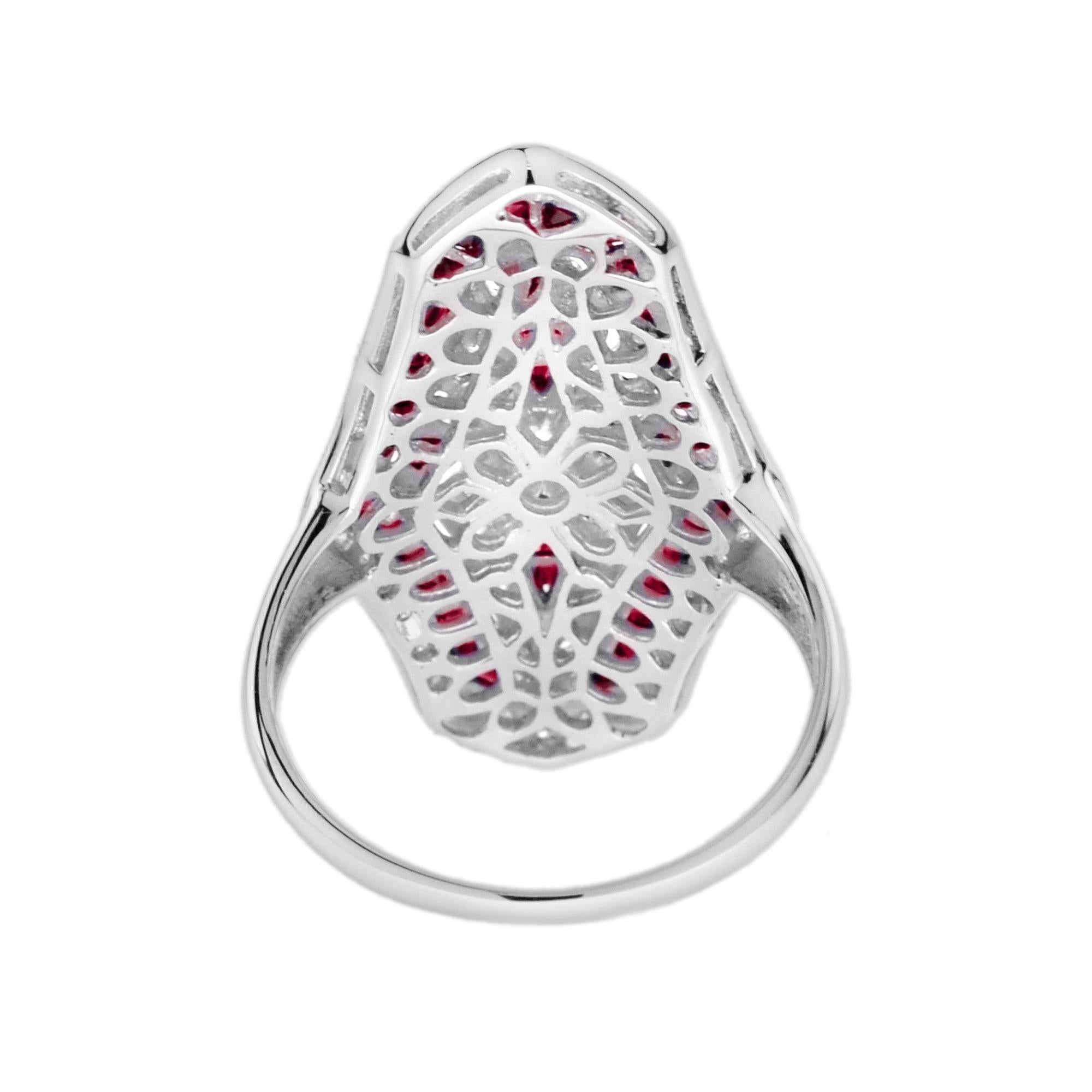 Bague de table en or blanc 14 carats, diamant et rubis, style Art déco en vente 1