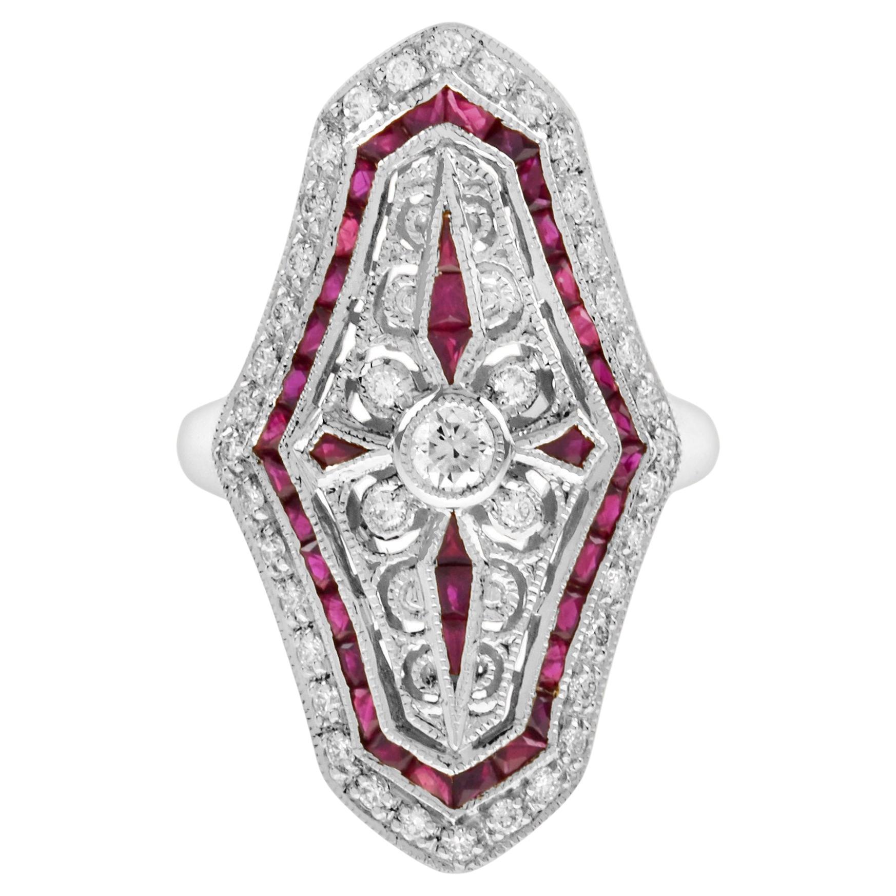 Anello da cena in stile Art Deco con diamanti e rubini in oro bianco 14K