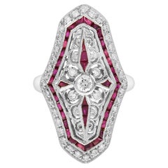 Diamond and Ruby Art Deco Style Dinner Ring in 14K White Gold