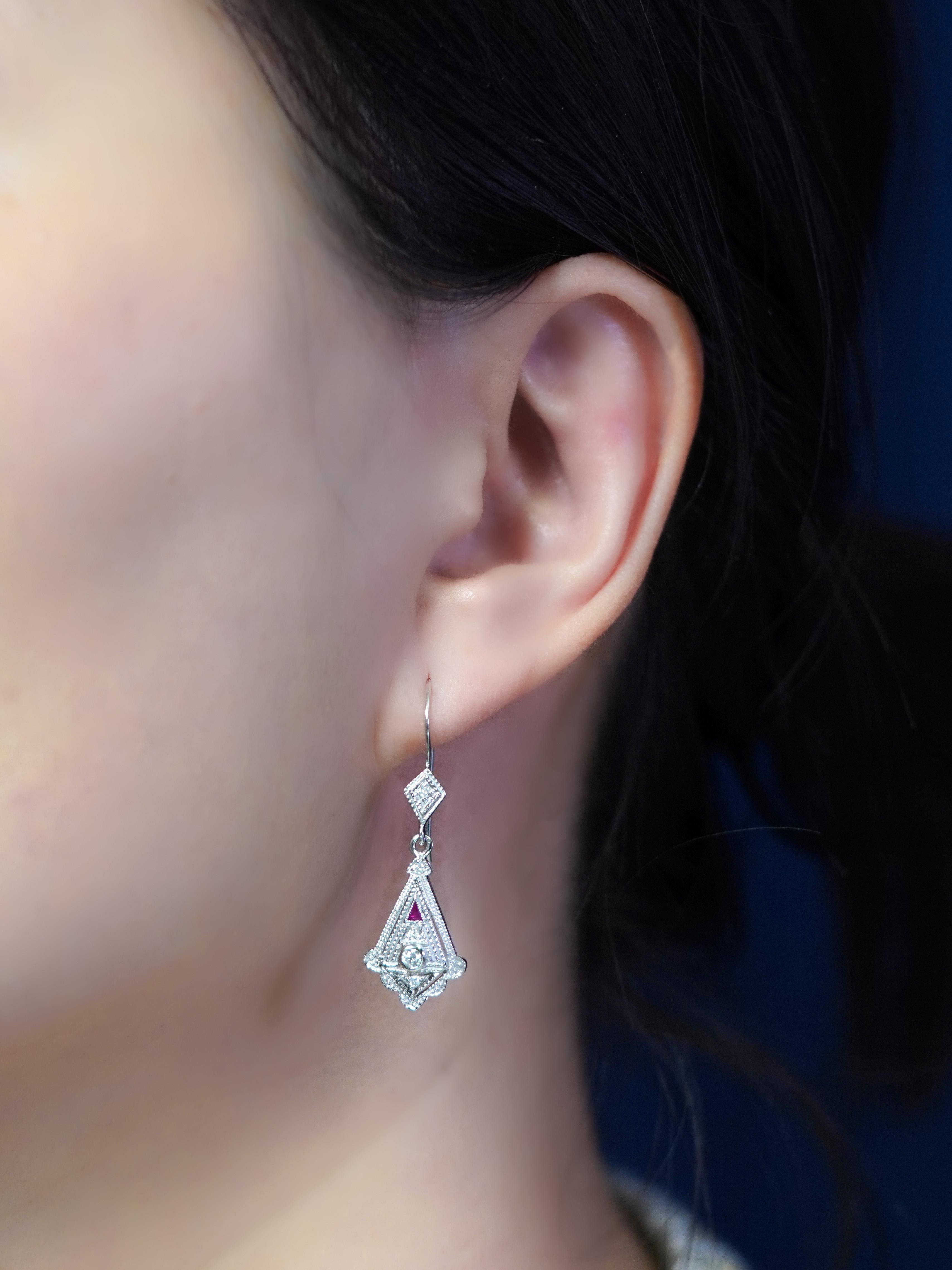 Round Cut Diamond and Ruby Art Deco Style Drop  Earrings in 14K White Gold For Sale