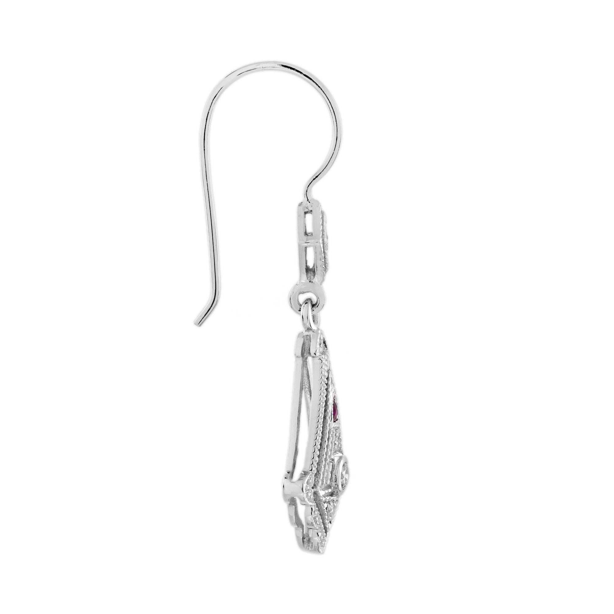 Diamond and Ruby Art Deco Style Drop  Earrings in 14K White Gold In New Condition For Sale In Bangkok, TH