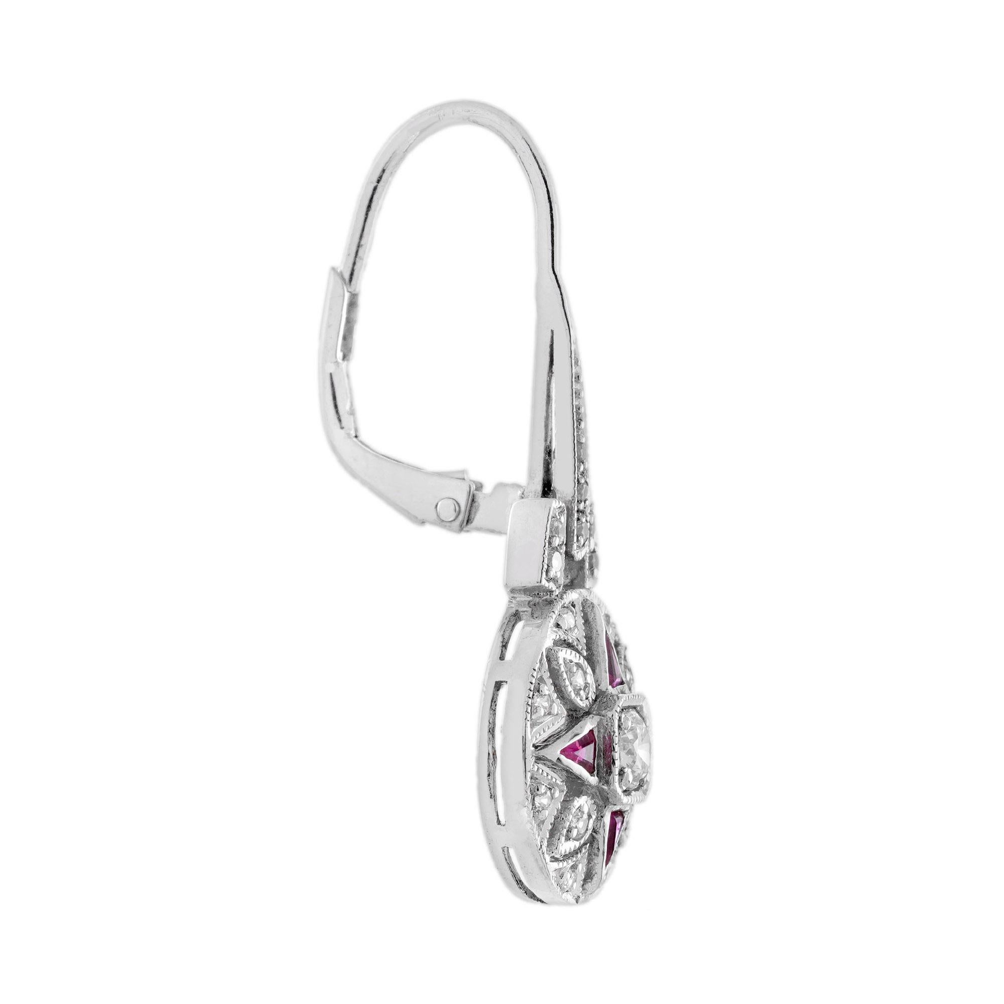 Boucles d'oreilles pendantes en or blanc 14 carats, diamants et rubis, style Art déco Pour femmes en vente