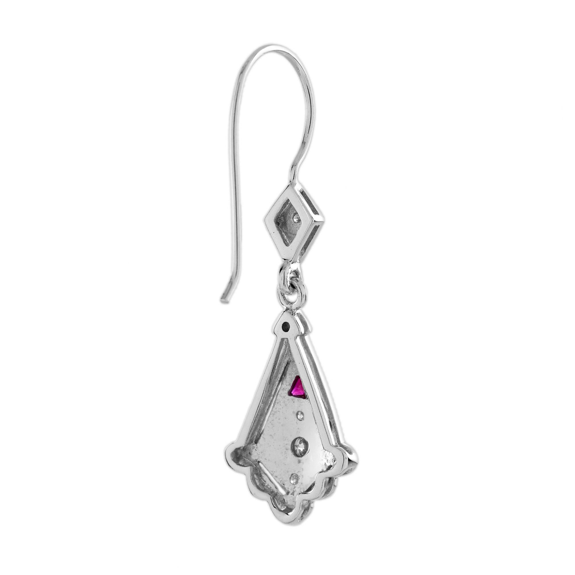Women's Diamond and Ruby Art Deco Style Drop  Earrings in 14K White Gold For Sale