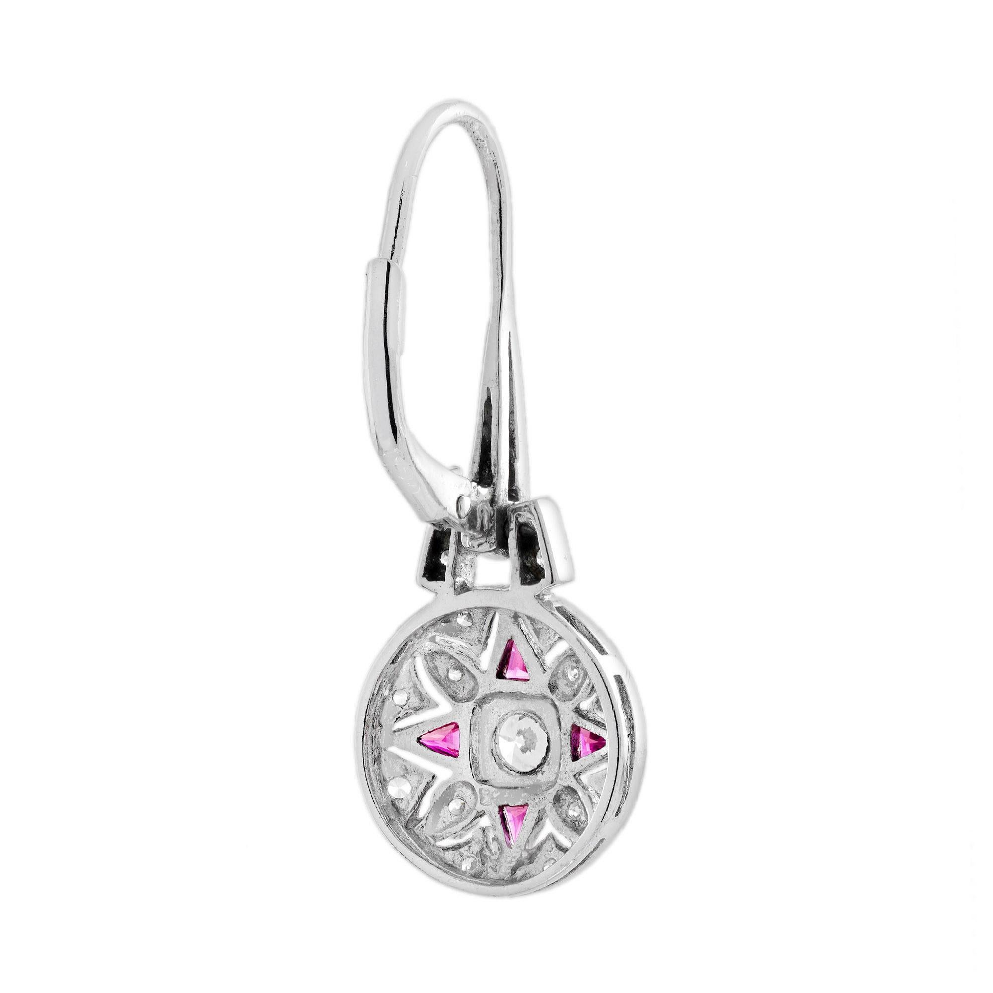 Boucles d'oreilles pendantes en or blanc 14 carats, diamants et rubis, style Art déco en vente 1