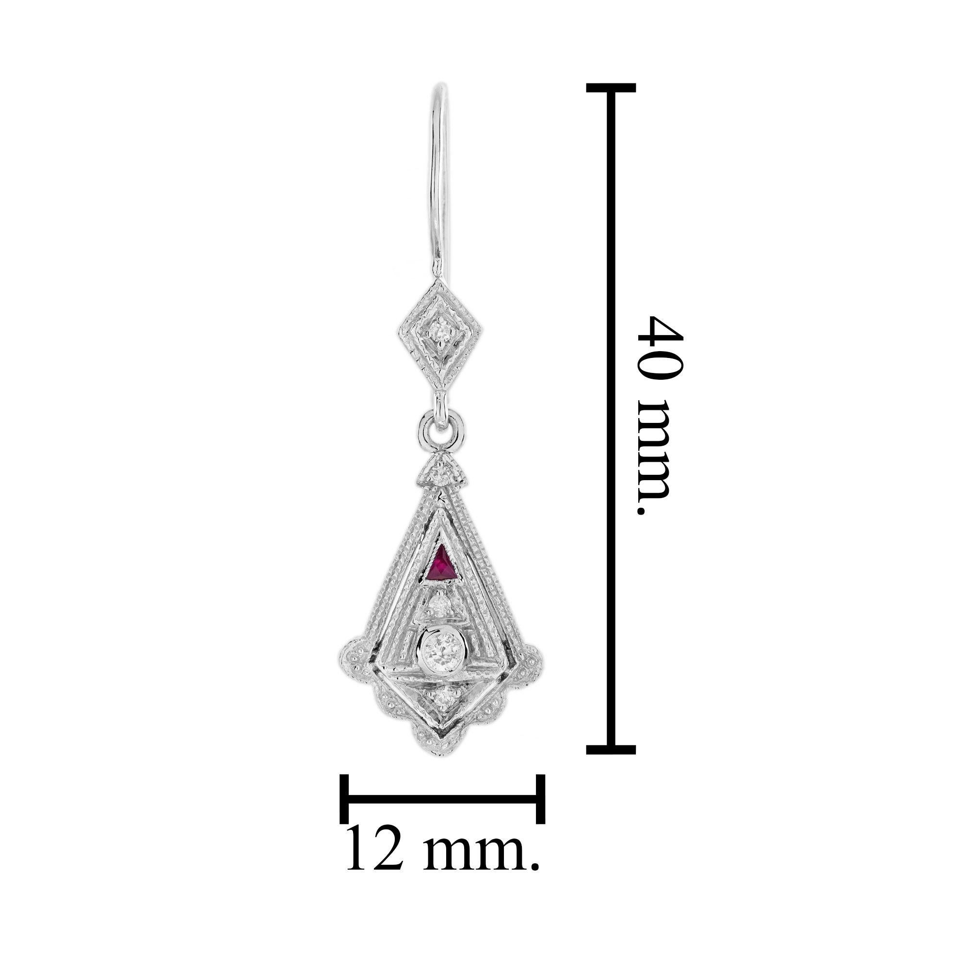Diamond and Ruby Art Deco Style Drop  Earrings in 14K White Gold For Sale 1