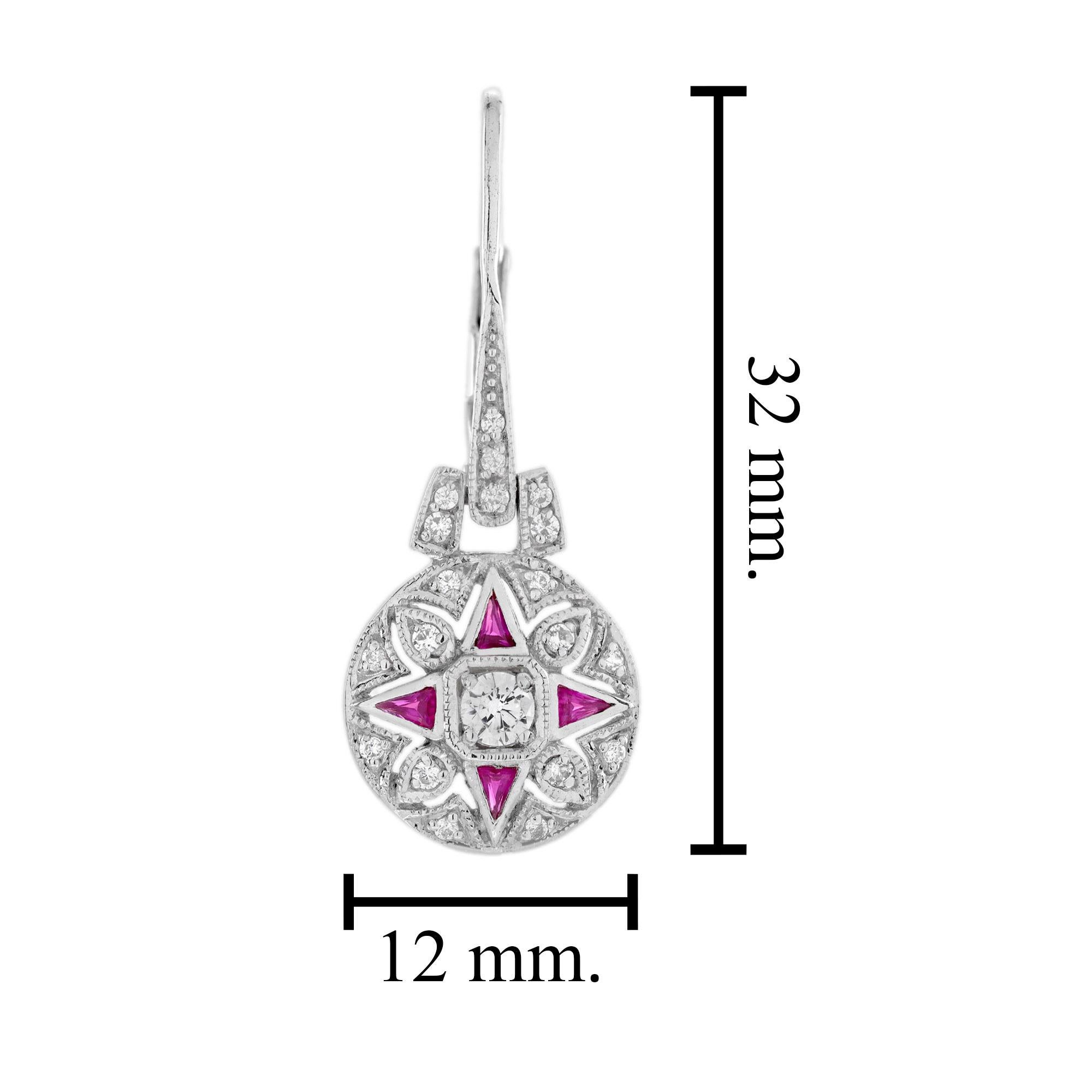 Boucles d'oreilles pendantes en or blanc 14 carats, diamants et rubis, style Art déco en vente 2