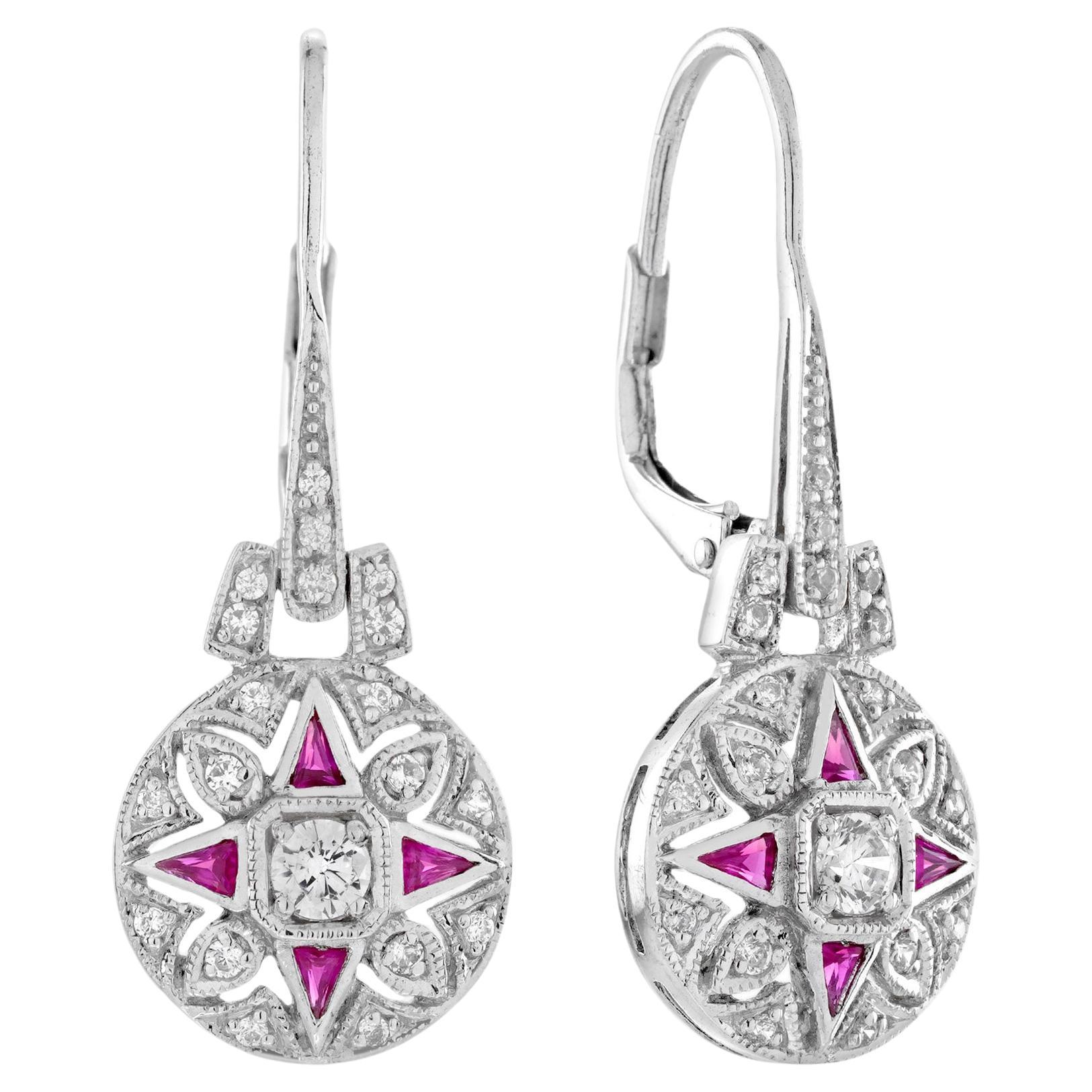 Boucles d'oreilles pendantes en or blanc 14 carats, diamants et rubis, style Art déco en vente