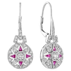 Boucles d'oreilles pendantes en or blanc 14 carats, diamants et rubis, style Art déco