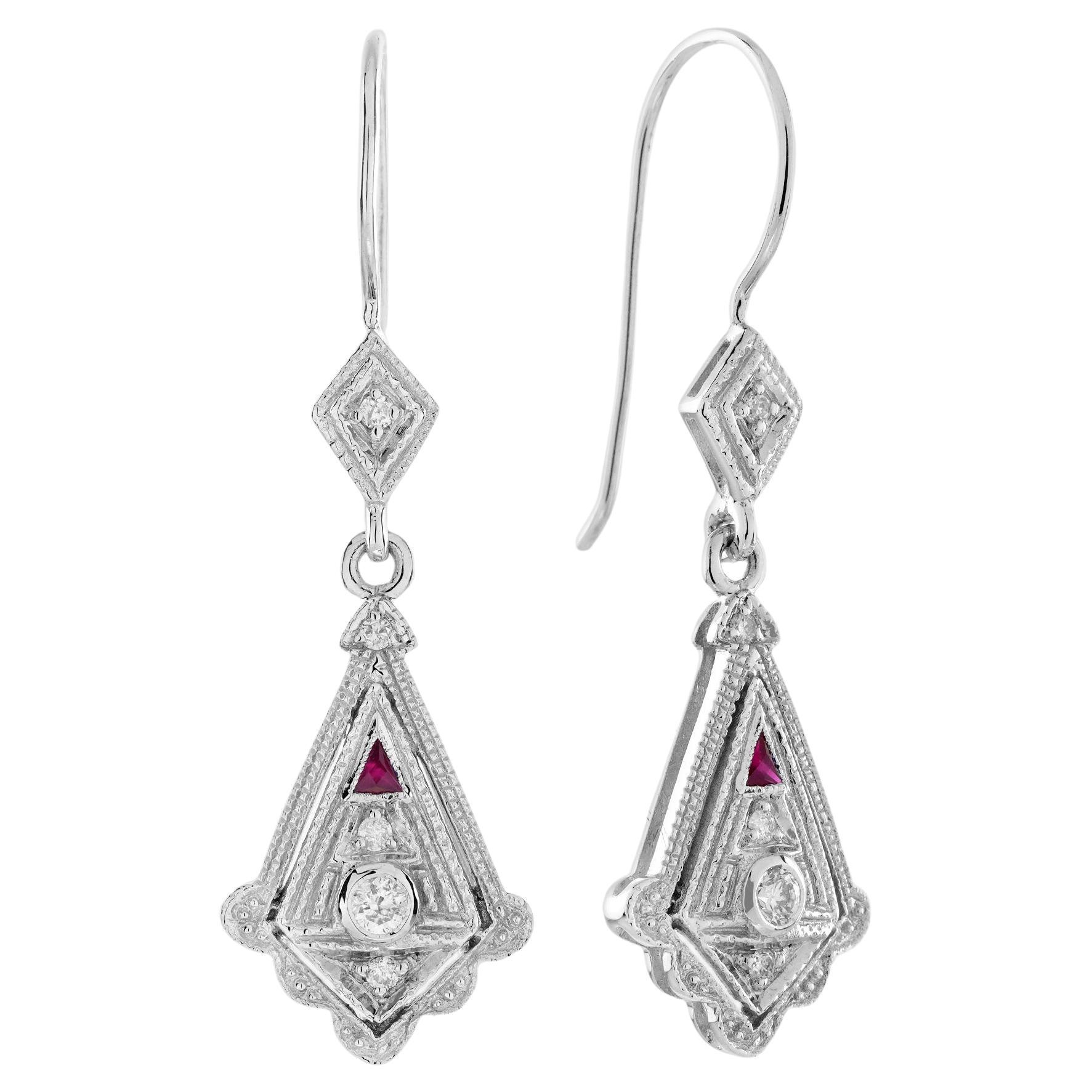 Goccia con diamante e rubino in stile Art Déco  Orecchini in oro bianco 14K