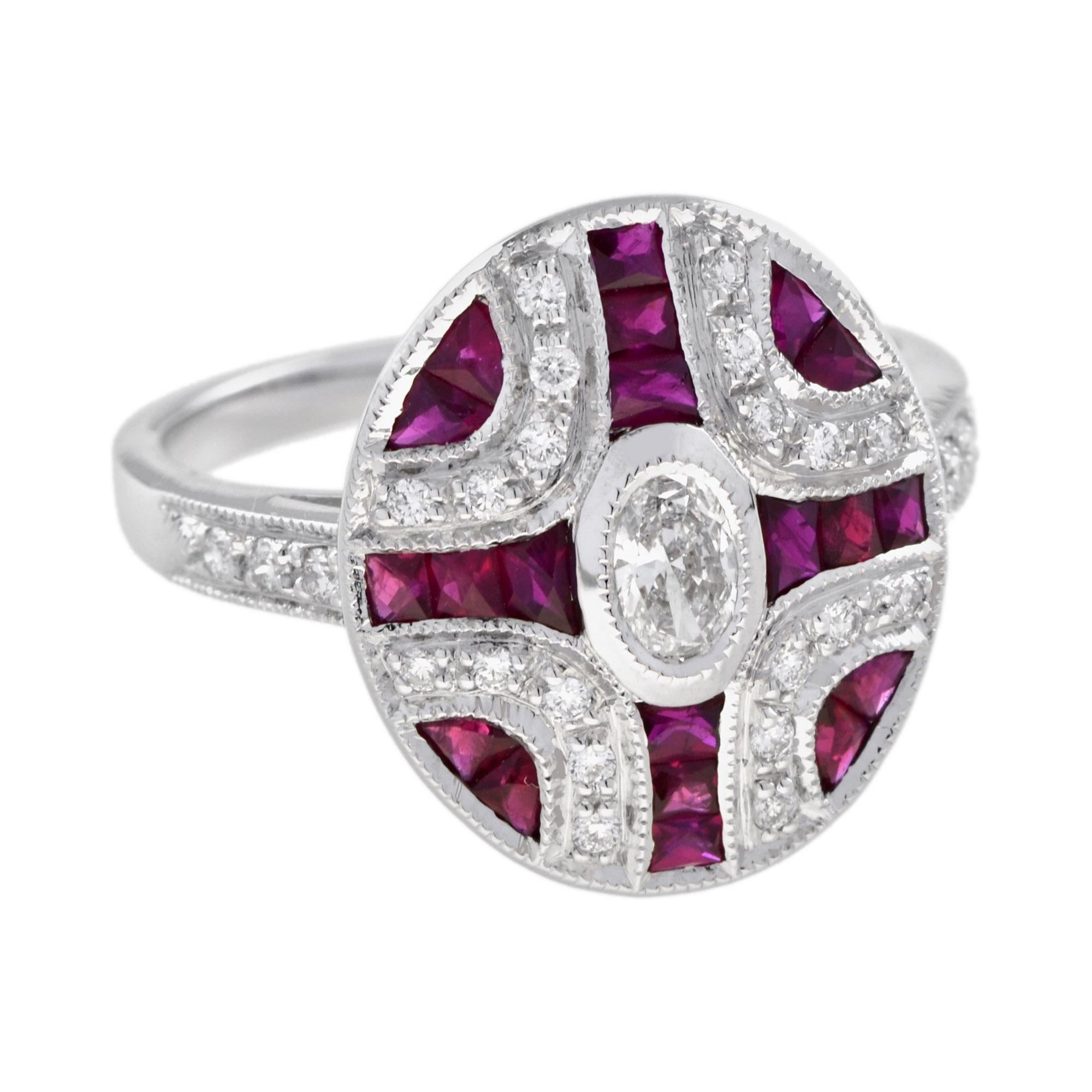 Oval Cut Diamond and Ruby Art Deco Style Engagement Ring in 14K White Gold For Sale