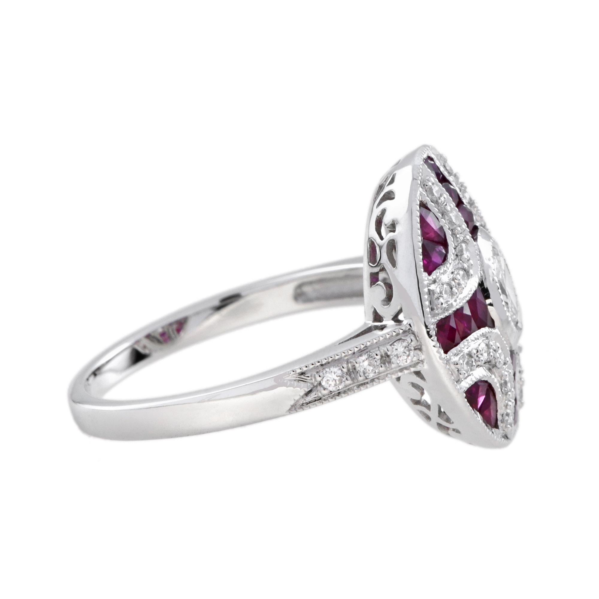 Diamond and Ruby Art Deco Style Engagement Ring in 14K White Gold In New Condition For Sale In Bangkok, TH