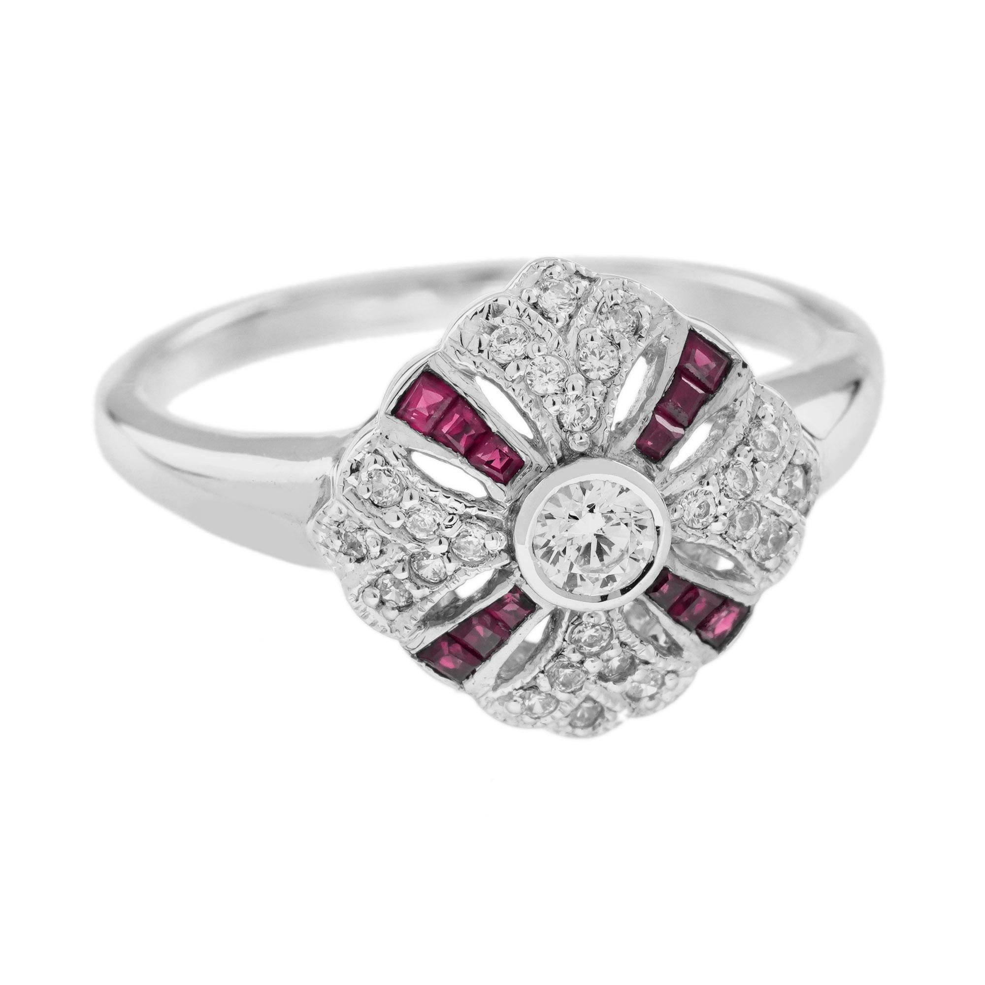 Round Cut Diamond and Ruby Art Deco Style Engagement Ring in 14K White Gold For Sale