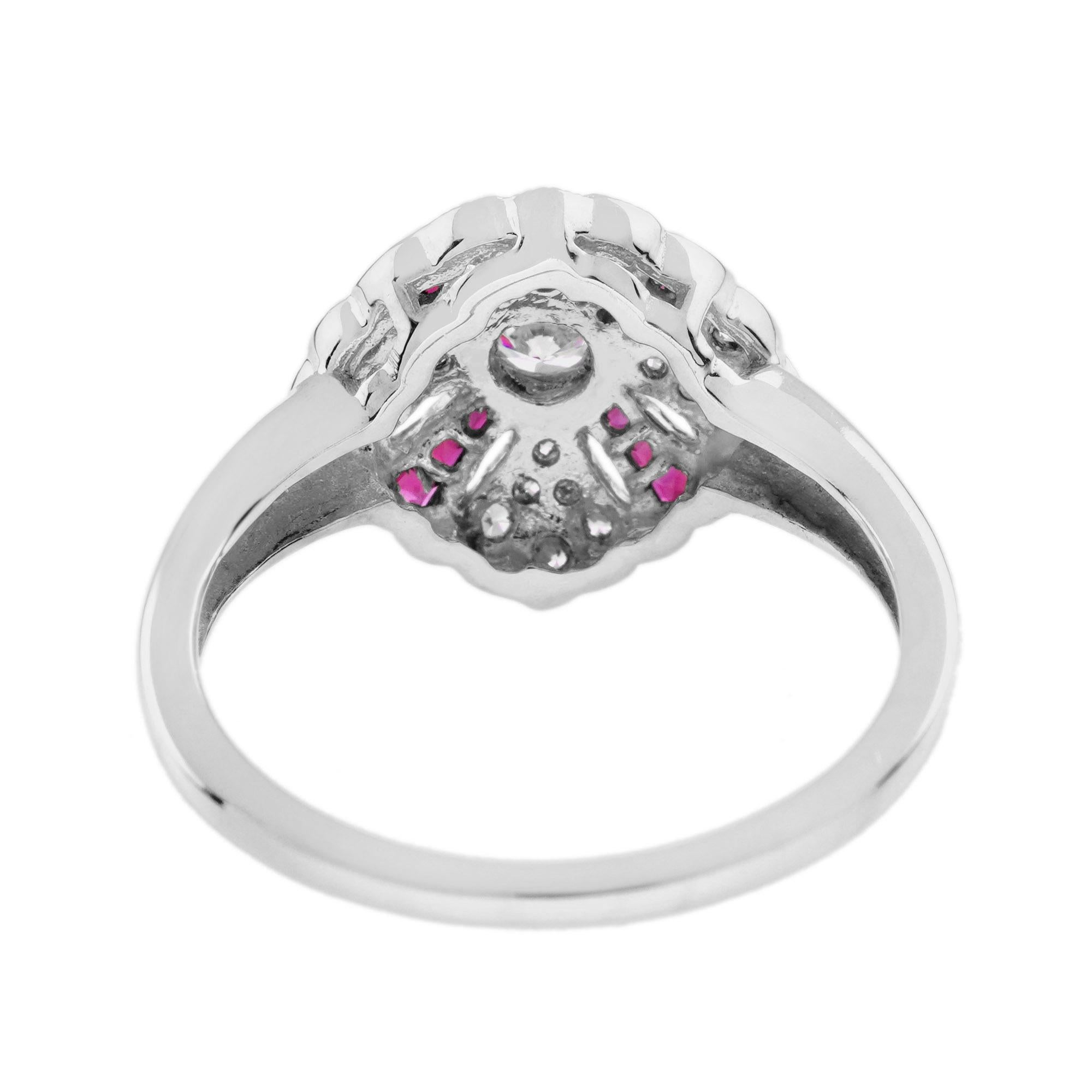Women's Diamond and Ruby Art Deco Style Engagement Ring in 14K White Gold For Sale