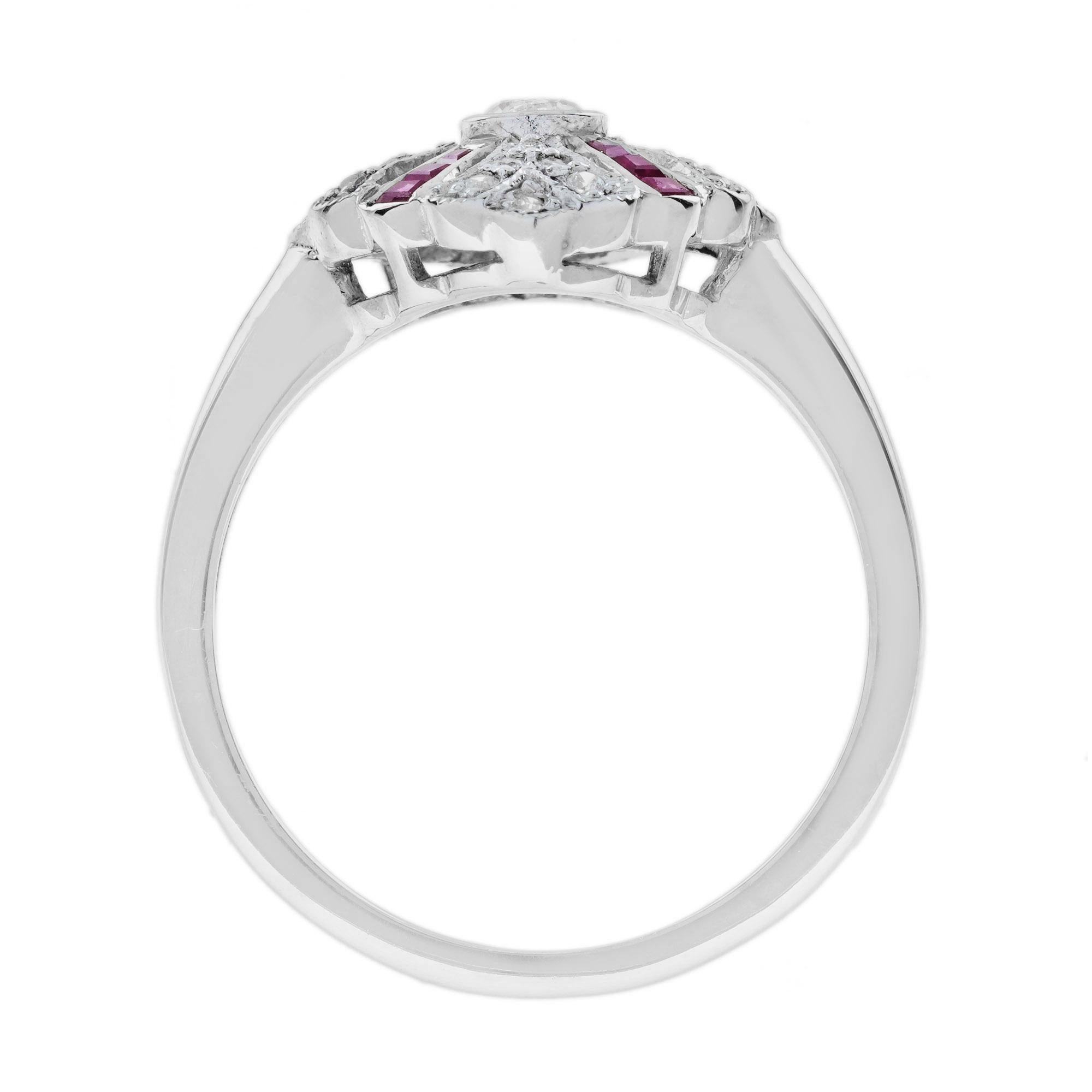 Diamond and Ruby Art Deco Style Engagement Ring in 14K White Gold For Sale 1