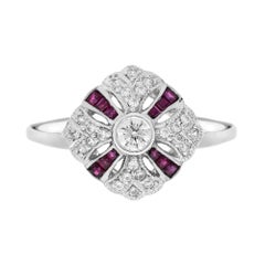 Bague de fiançailles en or blanc 14 carats, diamant et rubis, style Art déco