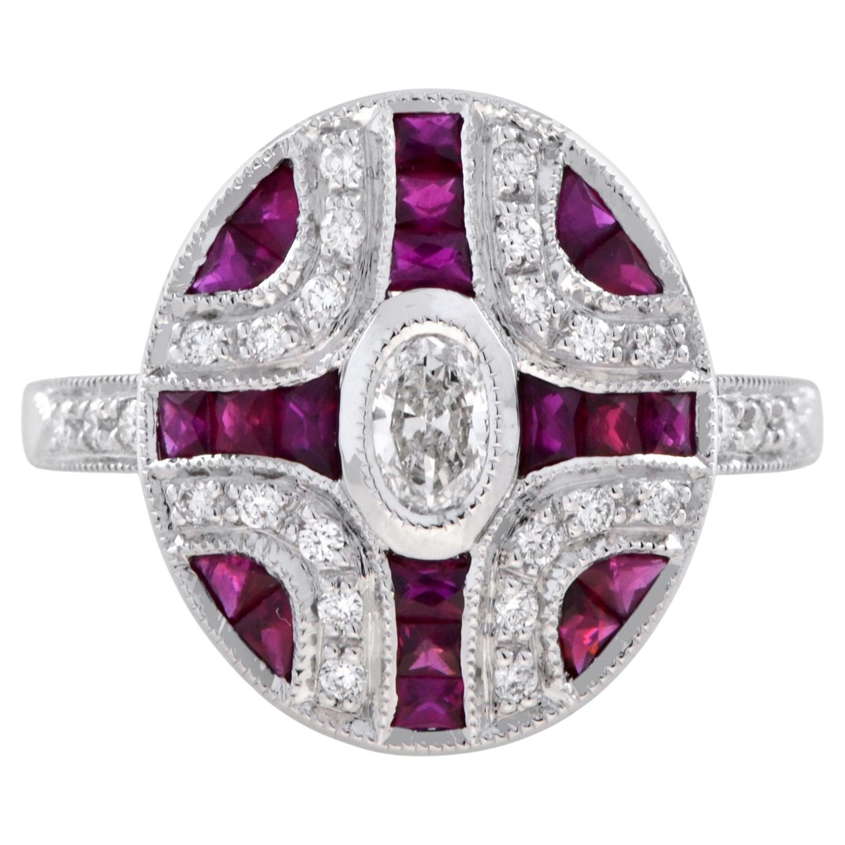 Diamond and Ruby Art Deco Style Engagement Ring in 14K White Gold For Sale