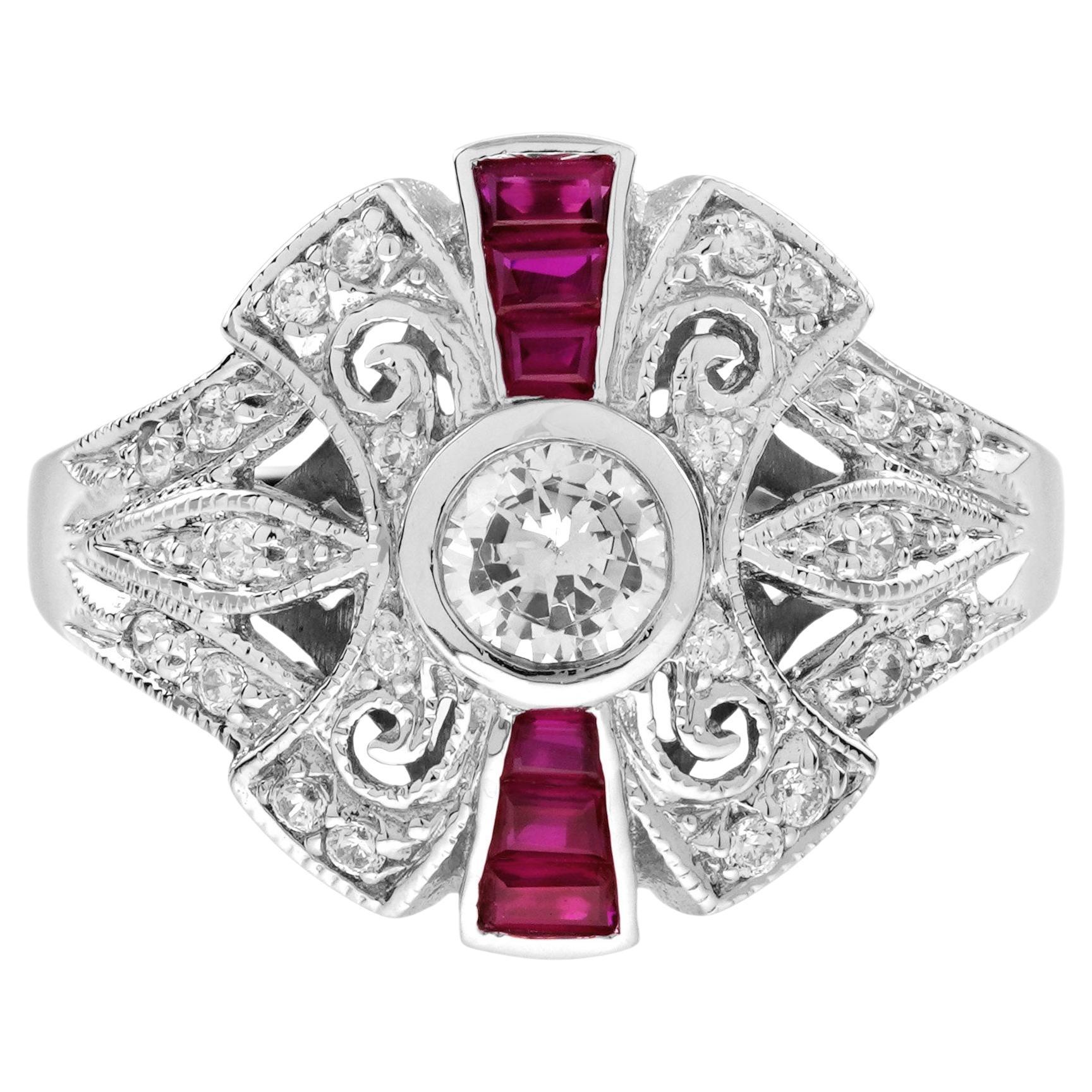 Diamond and Ruby Art Deco Style Engagement Ring in 14K White Gold For Sale