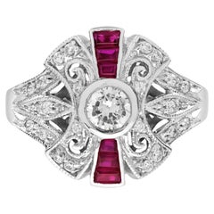 Diamond and Ruby Art Deco Style Engagement Ring in 14K White Gold
