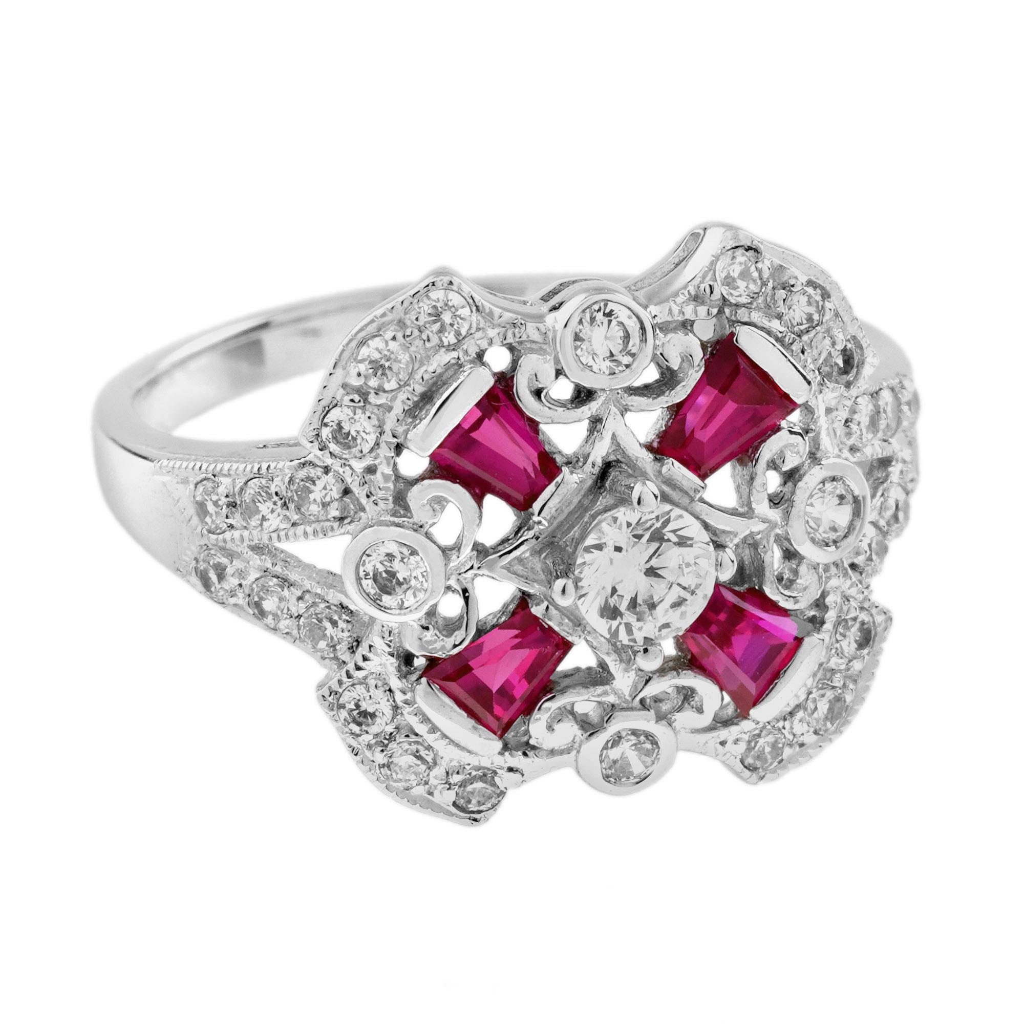Celebra el romance atemporal con este Anillo de Compromiso de Diamantes y Rubíes Estilo Art Decó. Un brillante diamante brilla en el centro, rodeado de delicados detalles de diamantes. Pequeños rubíes adornan cada esquina -superior, inferior,
