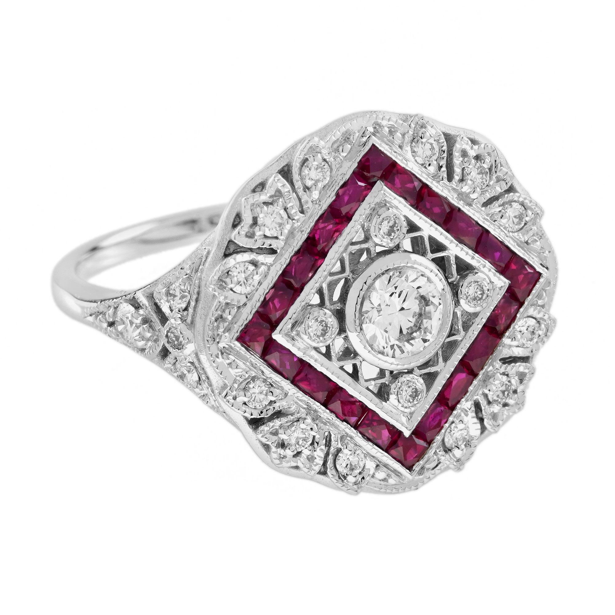 Round Cut Diamond and Ruby Art Deco Style Engagement Ring in 18K White Gold For Sale