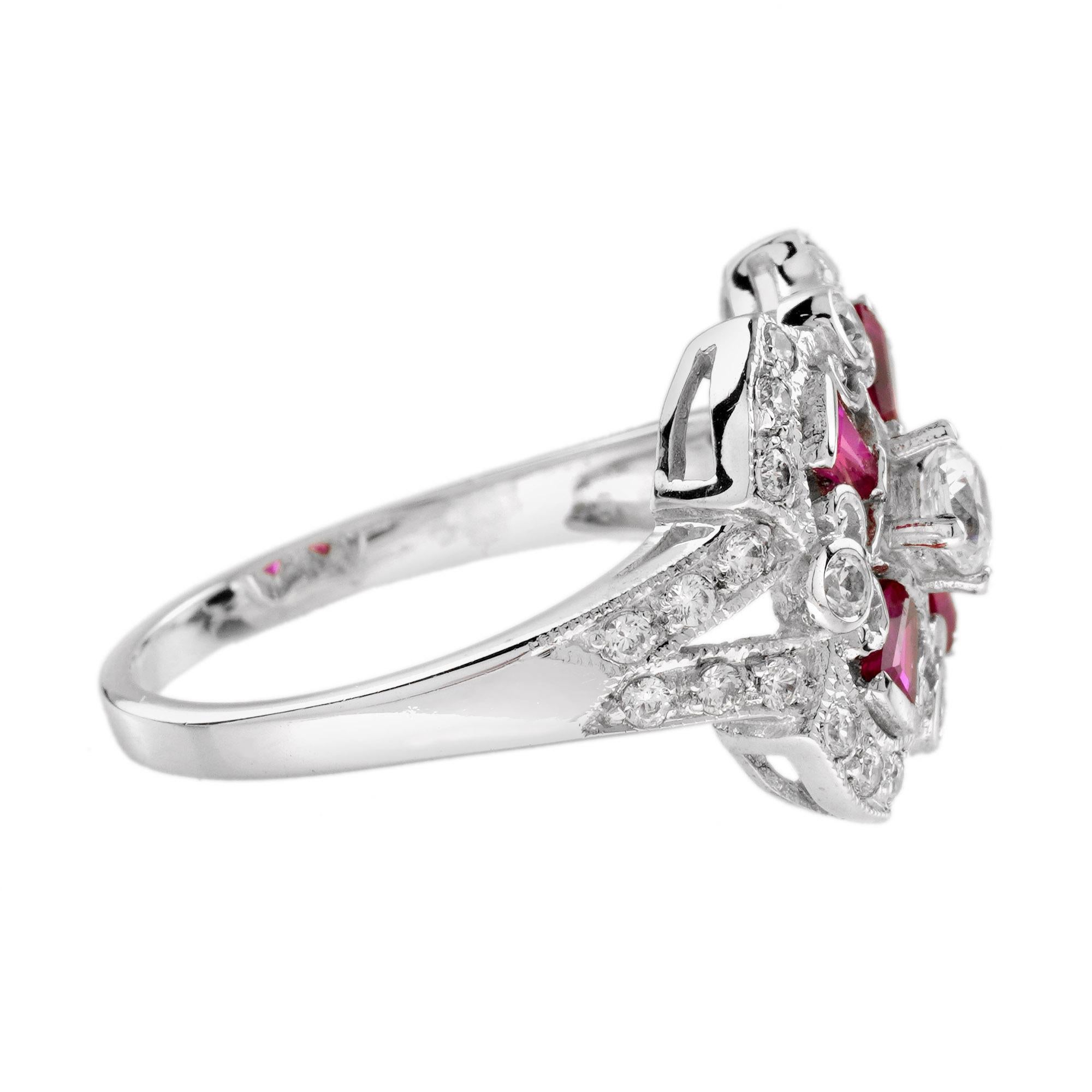 Anillo de compromiso de diamantes y rubíes estilo Art Déco en oro blanco de 18 quilates Art Decó en venta