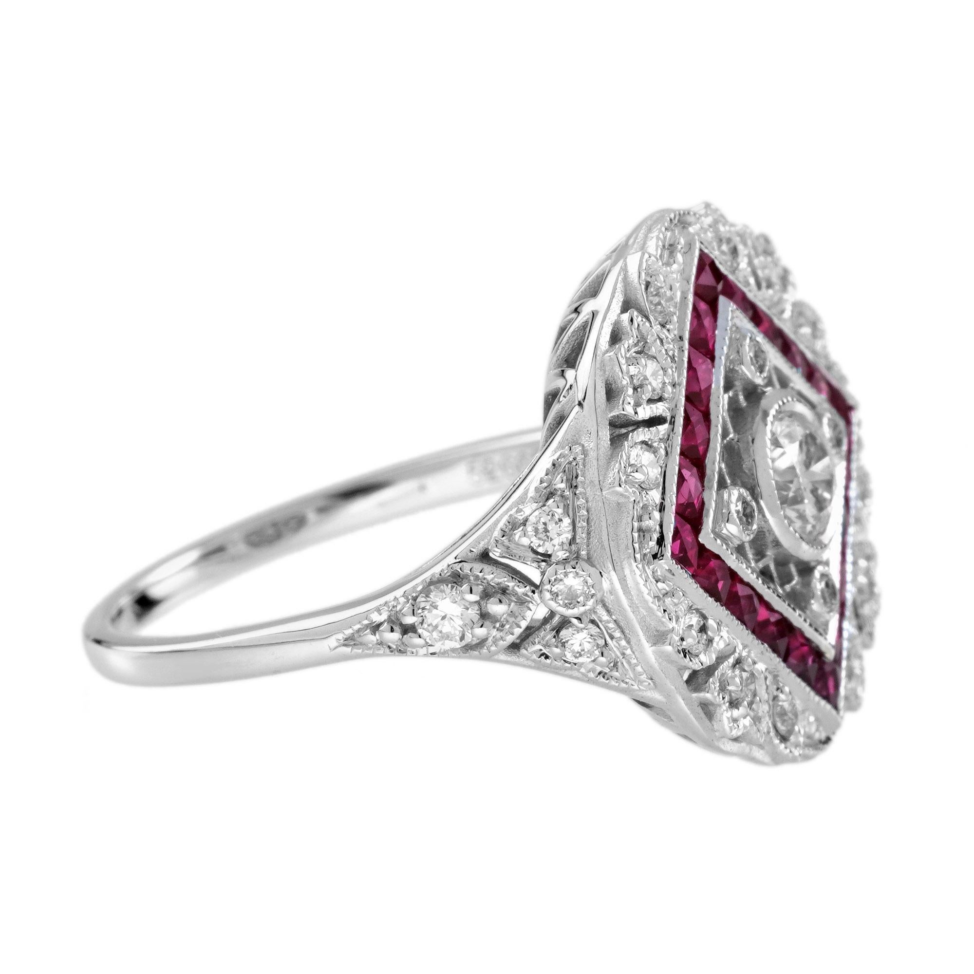 Diamond and Ruby Art Deco Style Engagement Ring in 18K White Gold In New Condition For Sale In Bangkok, TH