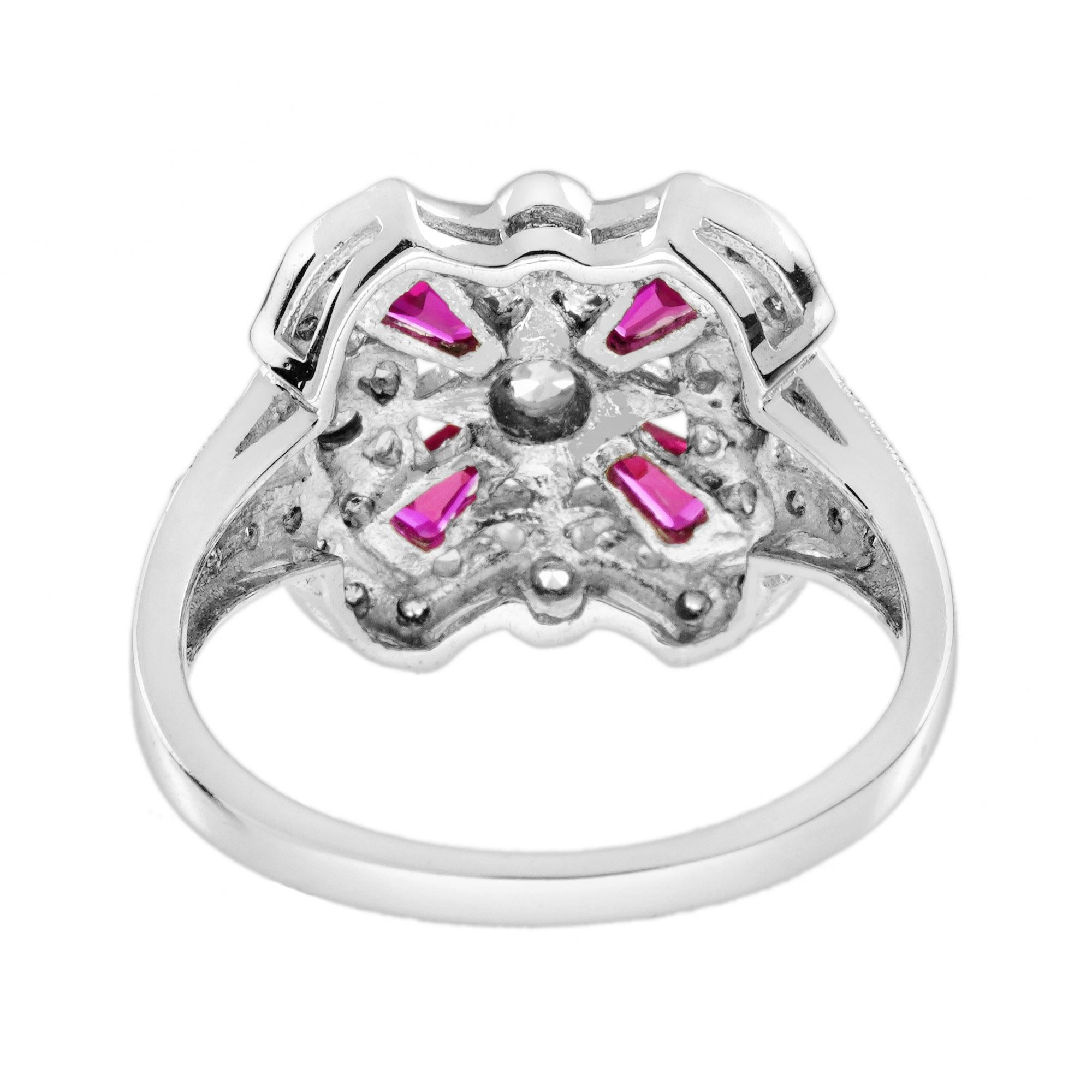 Anillo de compromiso de diamantes y rubíes estilo Art Déco en oro blanco de 18 quilates Corte redondo en venta