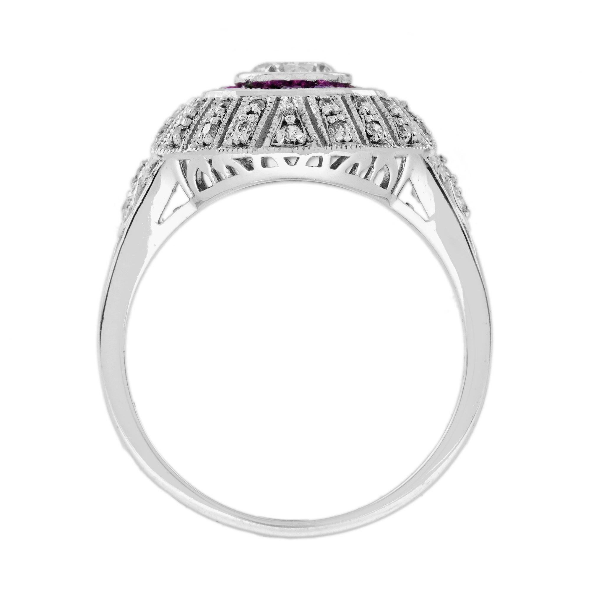 Diamond and Ruby Art Deco Style Engagement Ring in 18K White Gold For Sale 1