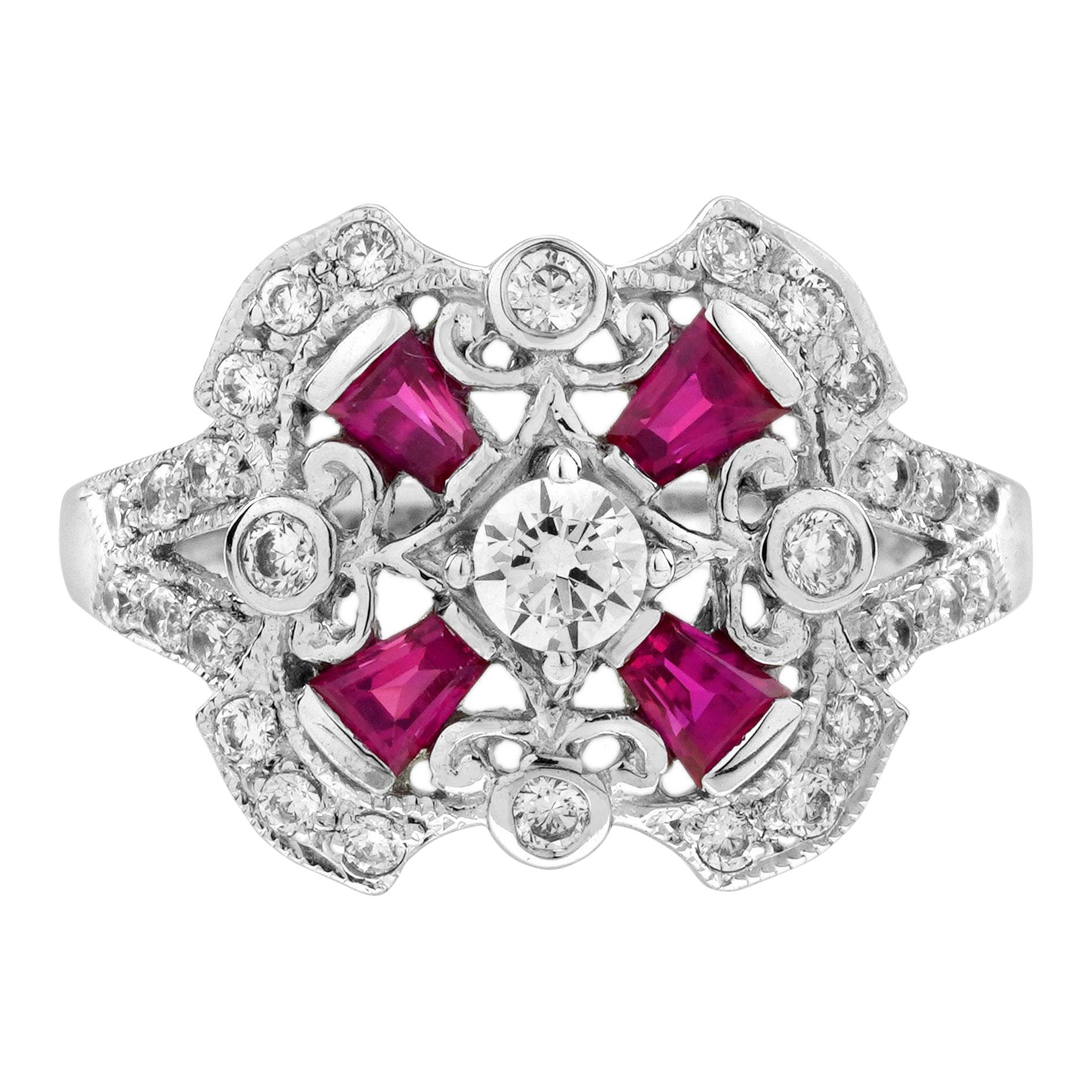 Verlobungsring mit Diamant und Rubin im Art-Déco-Stil aus 18 Karat Weißgold im Angebot