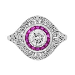 Diamond and Ruby Art Deco Style Engagement Ring in 18K White Gold