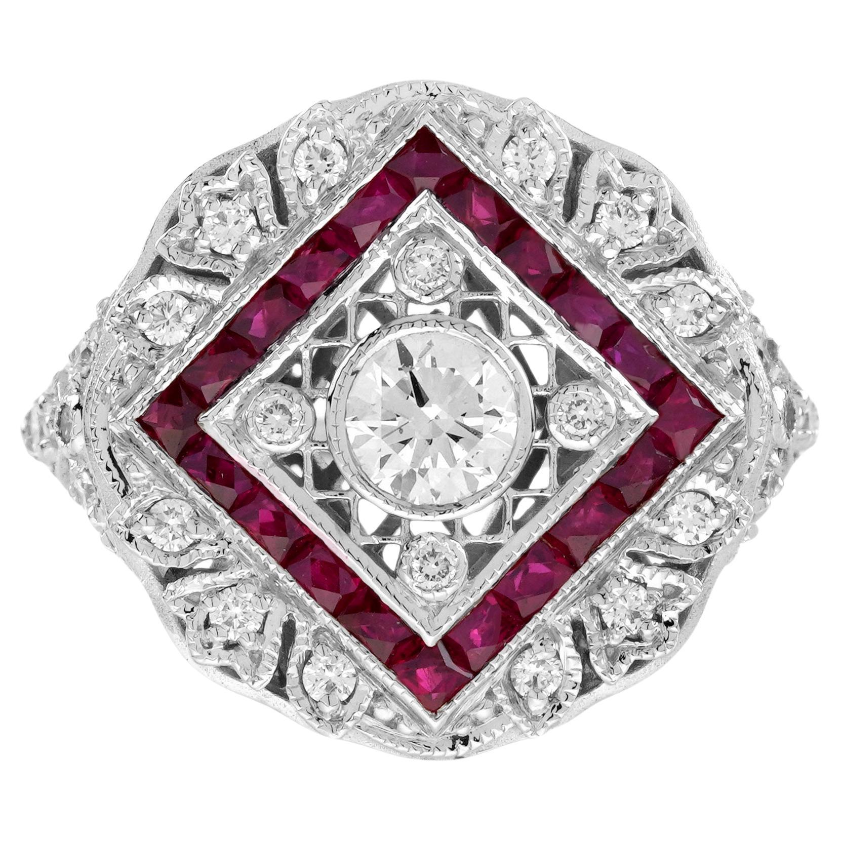 Diamond and Ruby Art Deco Style Engagement Ring in 18K White Gold