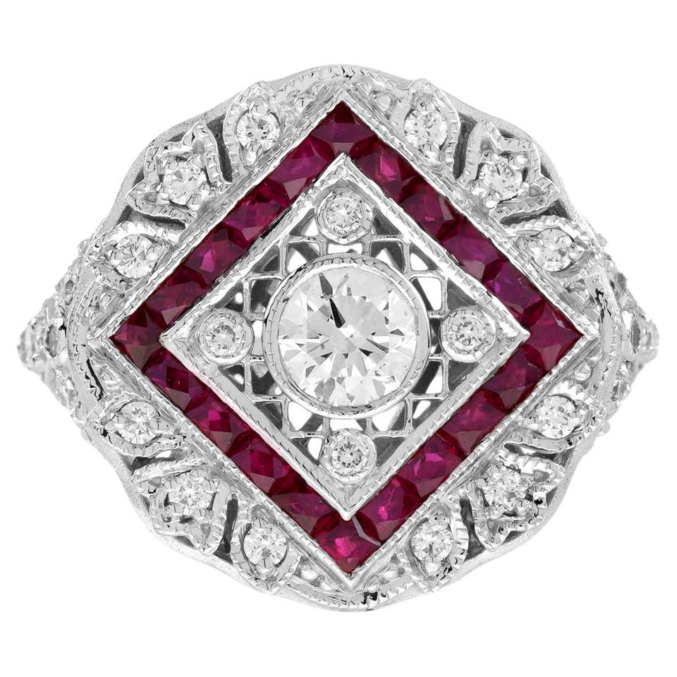 Ruby and Diamond Art Deco Style Octagonal Engagement Ring in 18k White ...