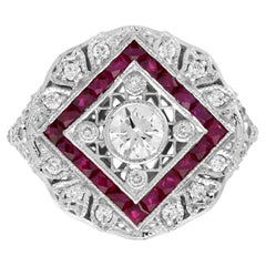 Diamond and Ruby Art Deco Style Engagement Ring in 18K White Gold