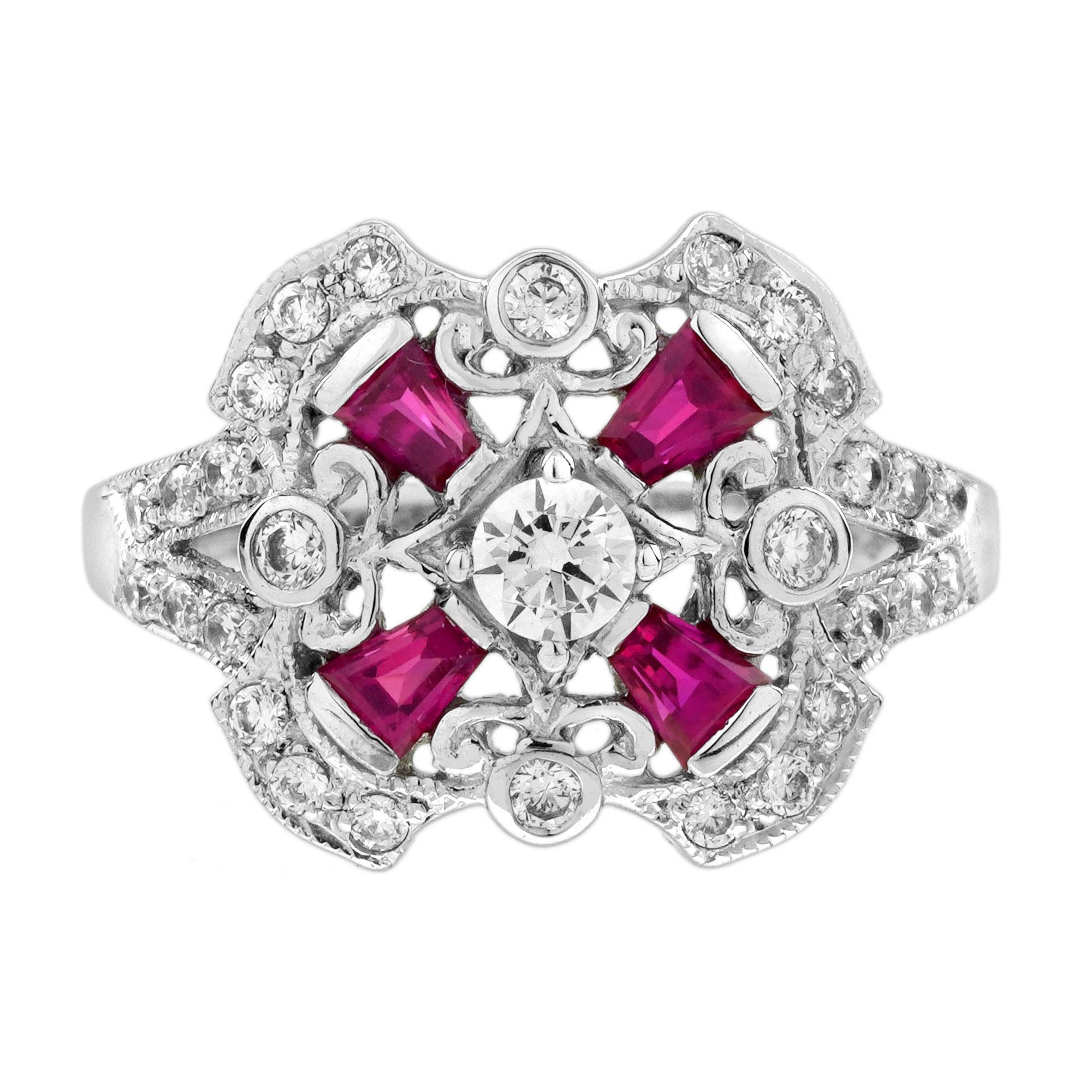 Anillo de compromiso de diamantes y rubíes estilo Art Déco en oro blanco de 18 quilates