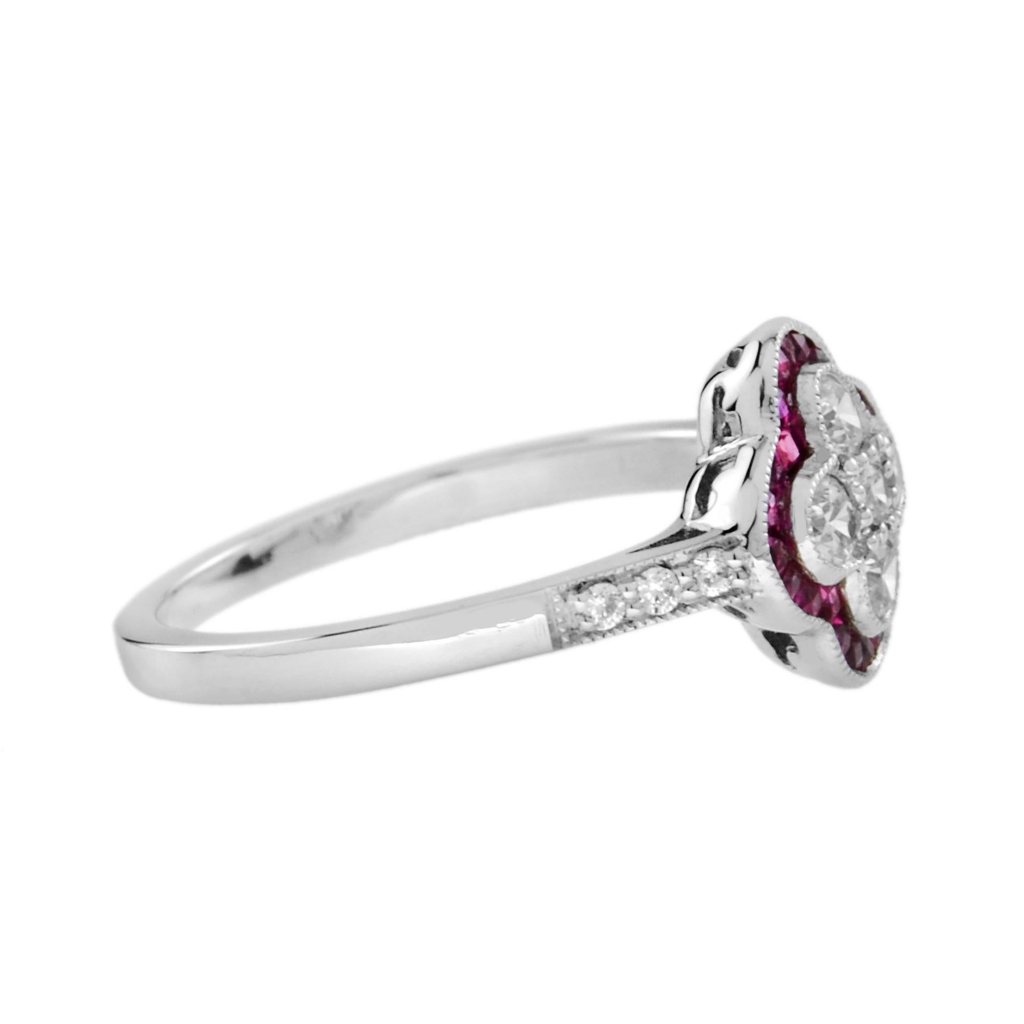 Im Angebot: Set aus Diamant- und Rubin-Cluster-Ring und Ohrring im Art-déco-Stil mit Blumenmuster () 4