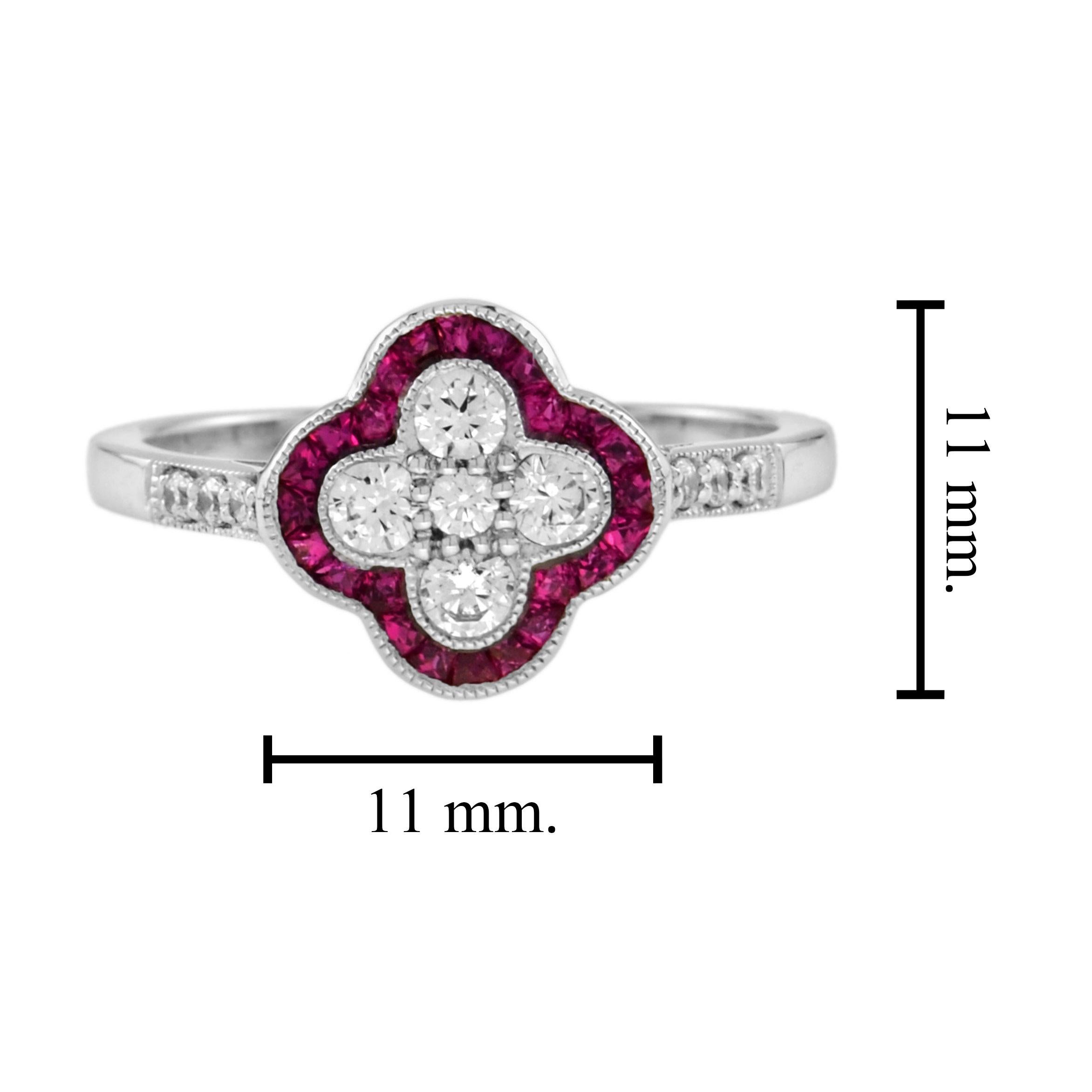 Im Angebot: Set aus Diamant- und Rubin-Cluster-Ring und Ohrring im Art-déco-Stil mit Blumenmuster () 7