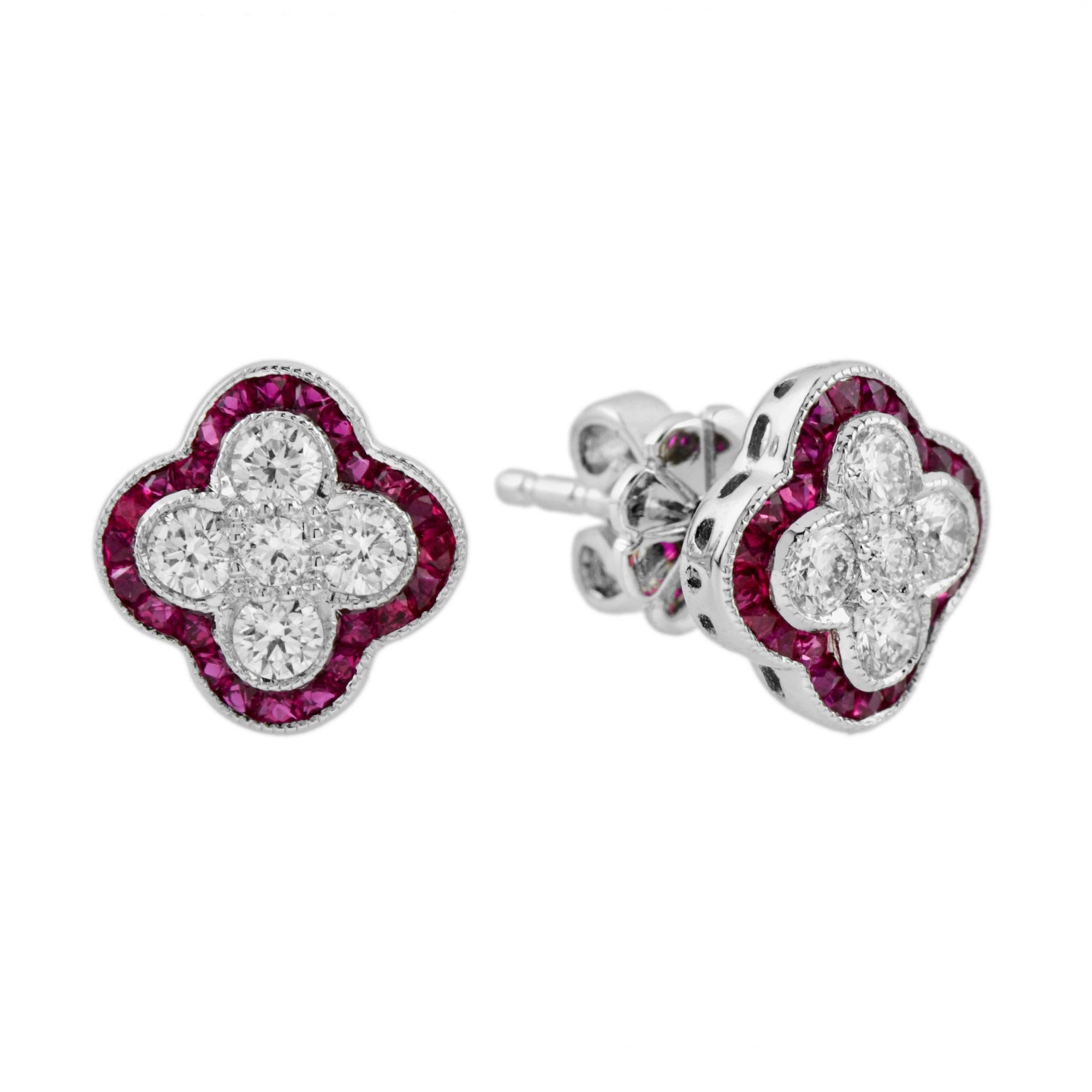 Im Angebot: Set aus Diamant- und Rubin-Cluster-Ring und Ohrring im Art-déco-Stil mit Blumenmuster () 9