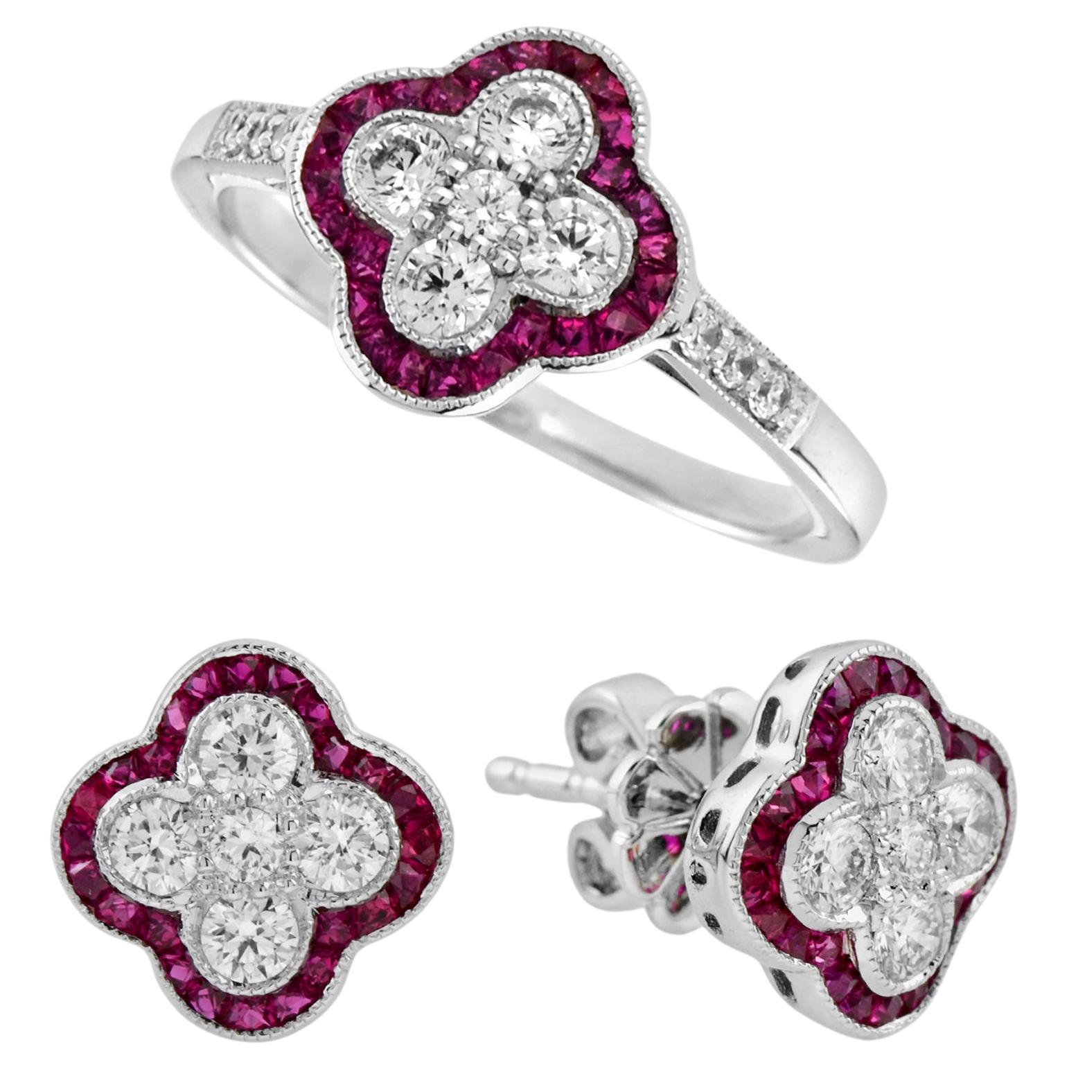 Im Angebot: Set aus Diamant- und Rubin-Cluster-Ring und Ohrring im Art-déco-Stil mit Blumenmuster ()