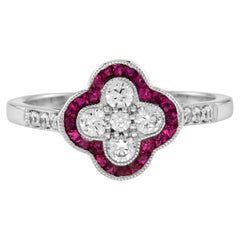 Diamond and Ruby Art Deco Style Floral Cluster Ring in 18K White Gold