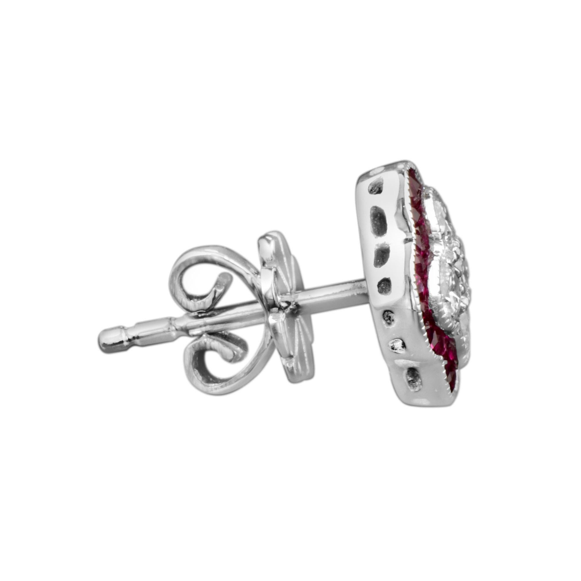 Round Cut Diamond and Ruby Art Deco Style Floral Cluster Stud Earrings in 14K White Gold  For Sale