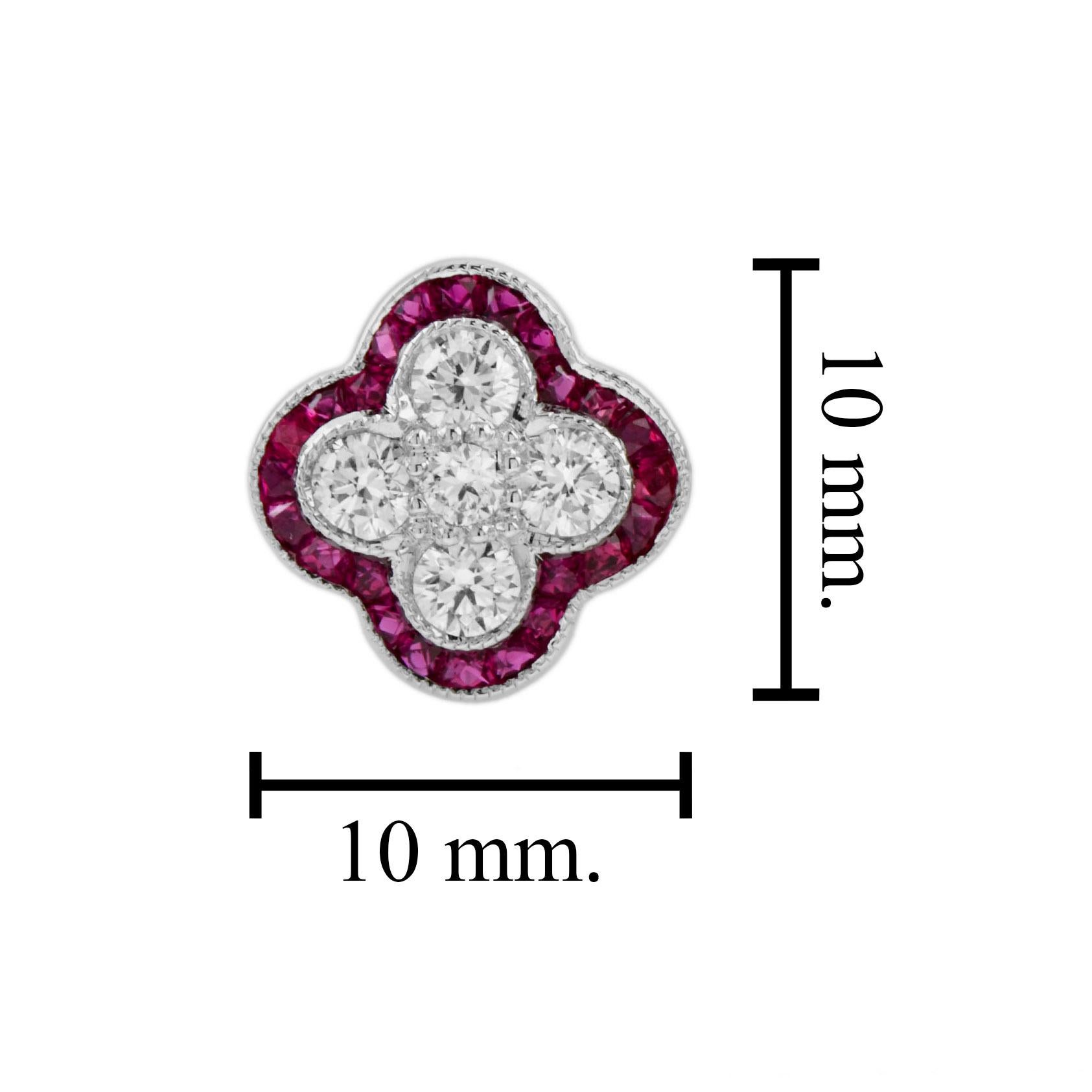 Women's Diamond and Ruby Art Deco Style Floral Cluster Stud Earrings in 14K White Gold  For Sale