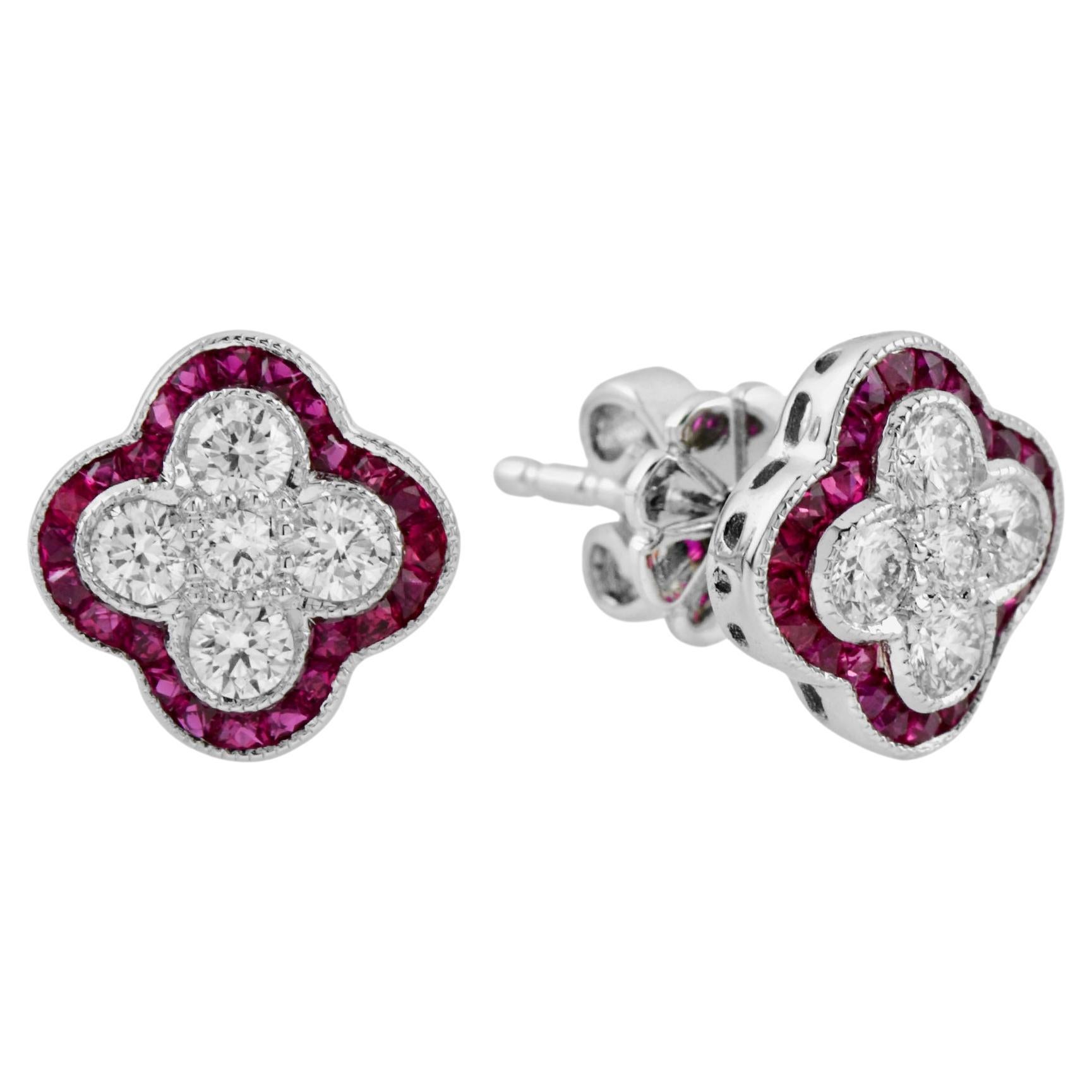 Diamond and Ruby Art Deco Style Floral Cluster Stud Earrings in 14K White Gold  For Sale