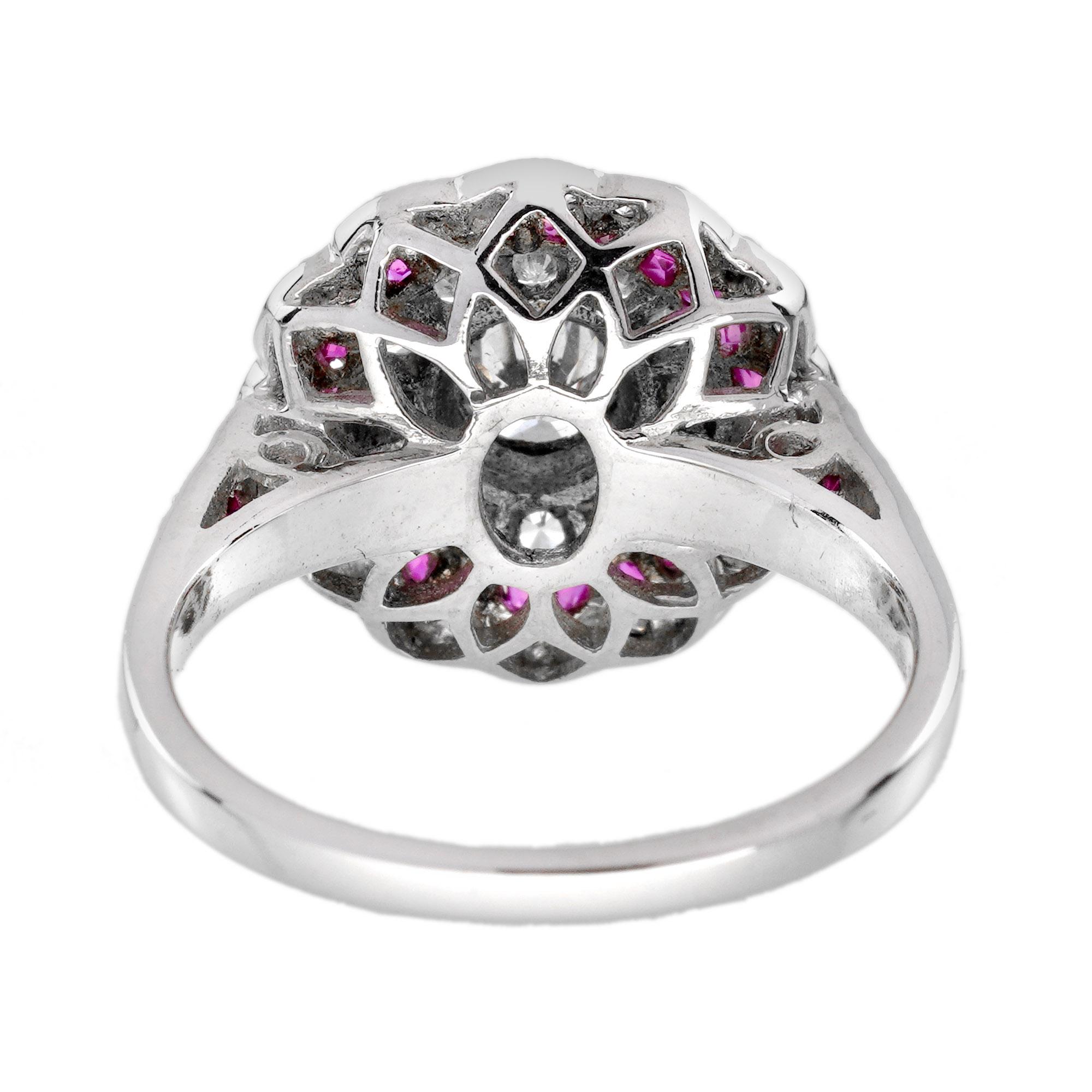 Women's Diamond and Ruby Art Deco Style Floral Engagement Ring in 18K White Gold For Sale