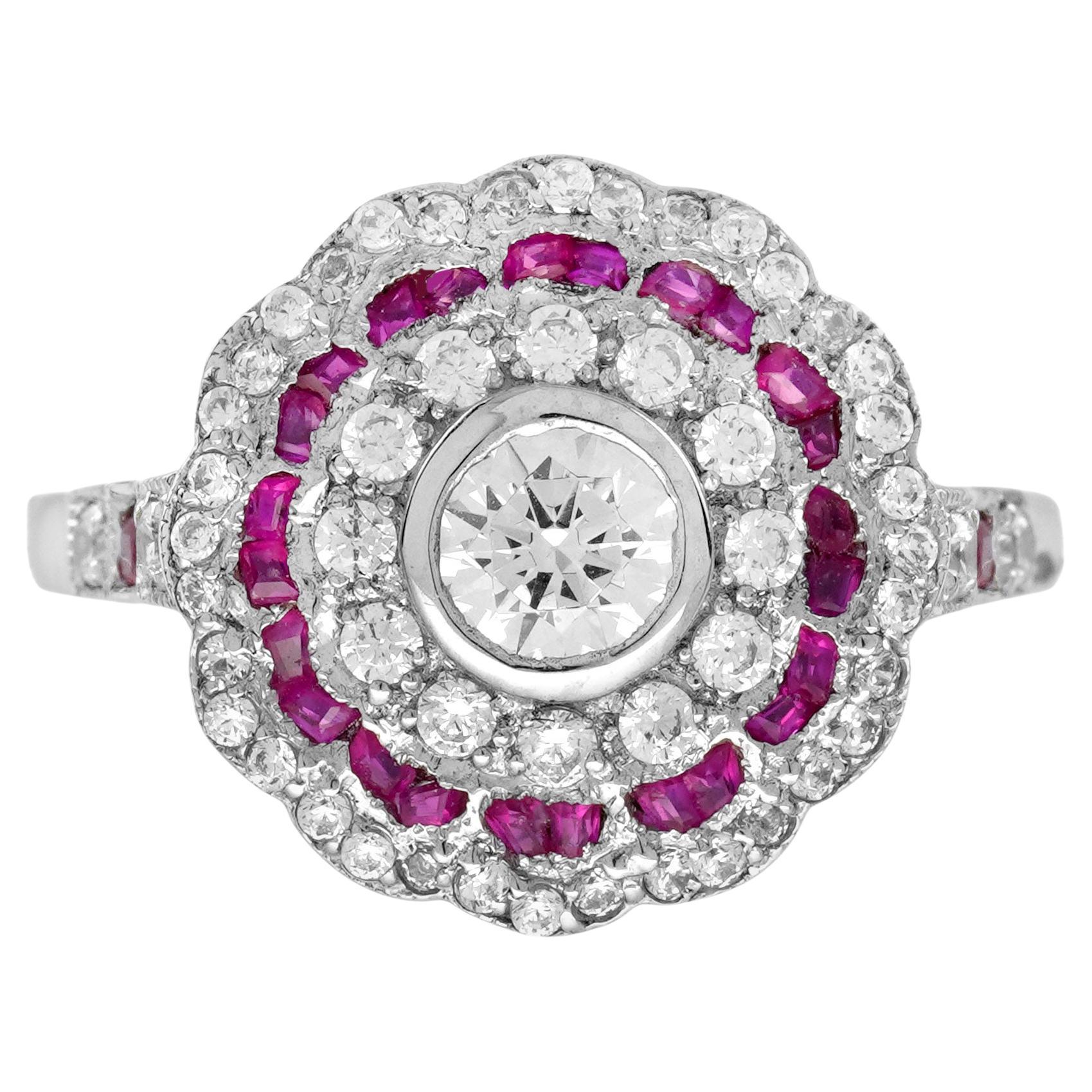 Diamond and Ruby Art Deco Style Floral Engagement Ring in 18K White Gold For Sale