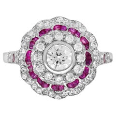 Diamond and Ruby Art Deco Style Floral Engagement Ring in 18K White Gold
