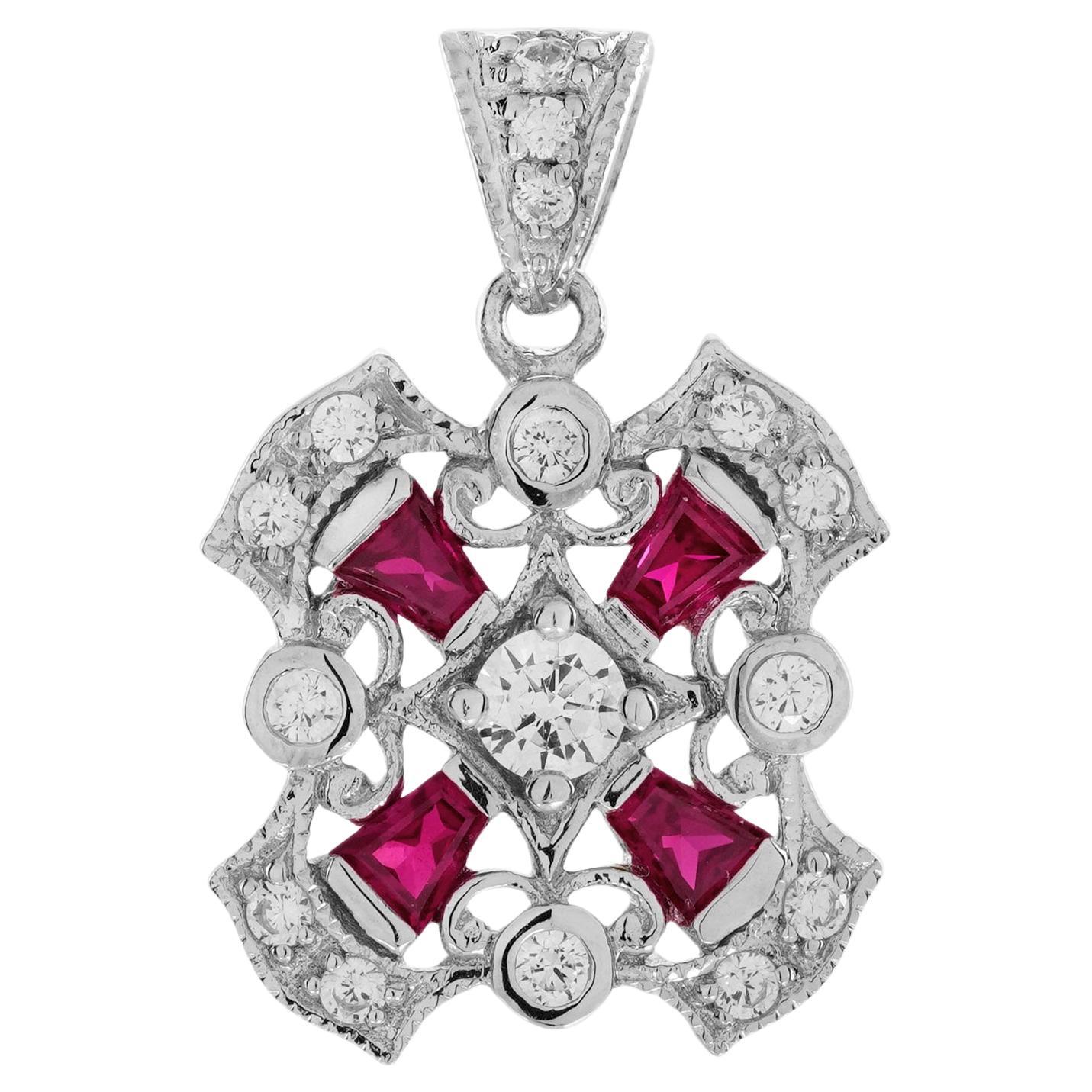 Ciondolo floreale in stile Art Déco con diamanti e rubini in oro bianco 14K in vendita
