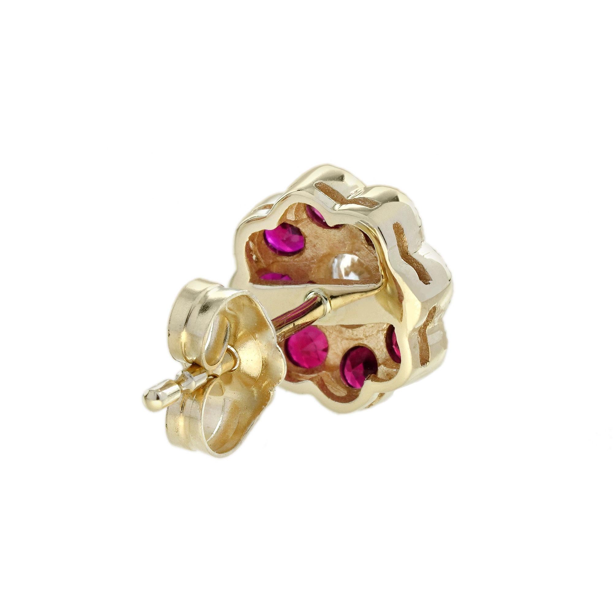Clous d'oreilles de style Art déco en or jaune 14 carats avec diamants et rubis Pour femmes en vente
