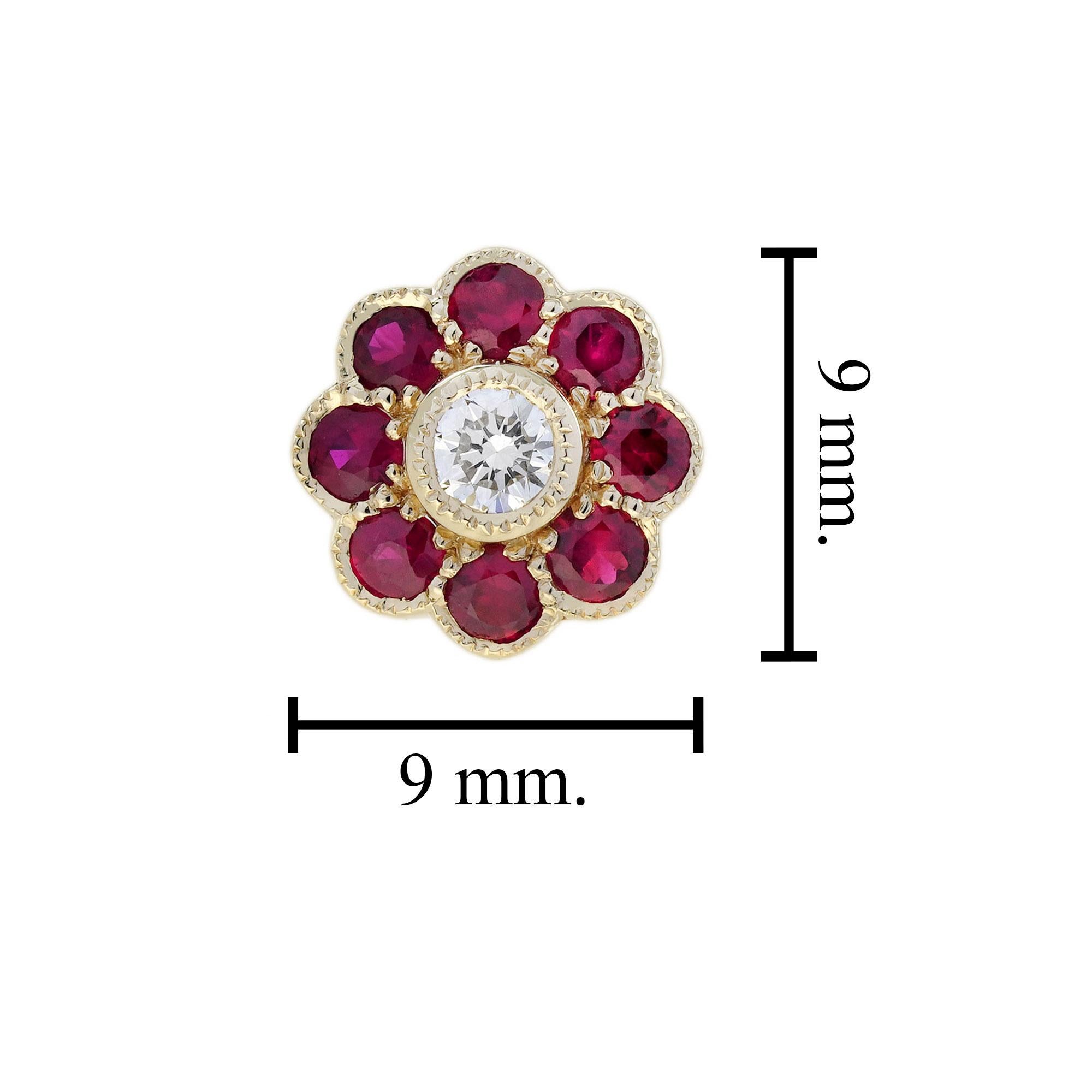 Clous d'oreilles de style Art déco en or jaune 14 carats avec diamants et rubis en vente 1