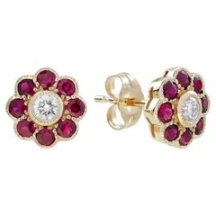 Diamond and Ruby Art Deco Style Floral Stud Earrings in 14K Yellow Gold