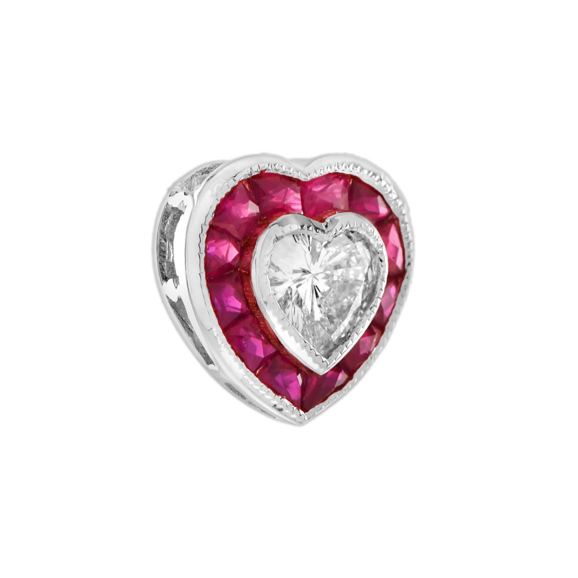 Art Déco Ciondolo a forma di cuore in stile Art Deco con diamanti e rubini in oro bianco 14K in vendita